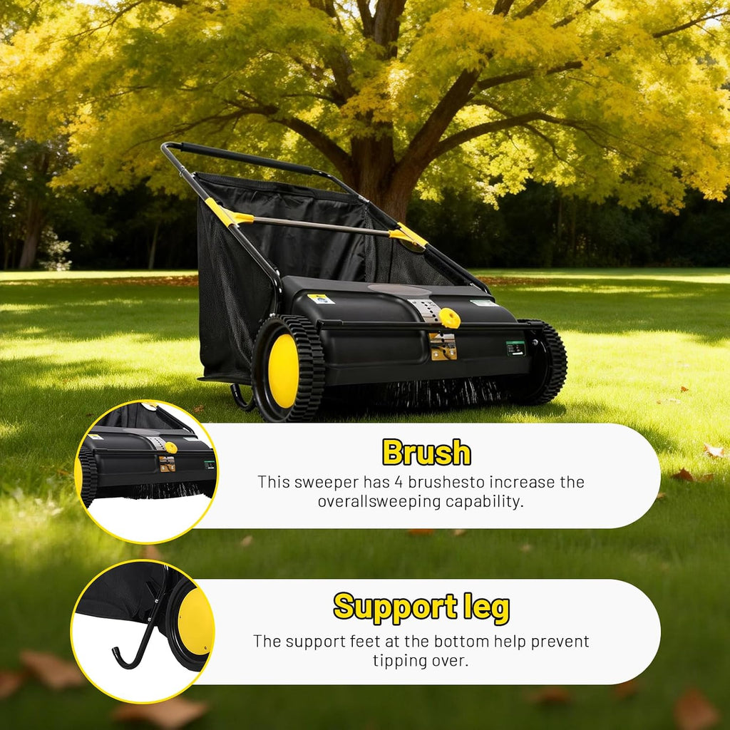 21 Inch Push Lawn Sweeper, Hand Powered Leaf & Grass Sweeper with 7 Cu Ft Hopper, 4 High-Speed Brushes, Height
