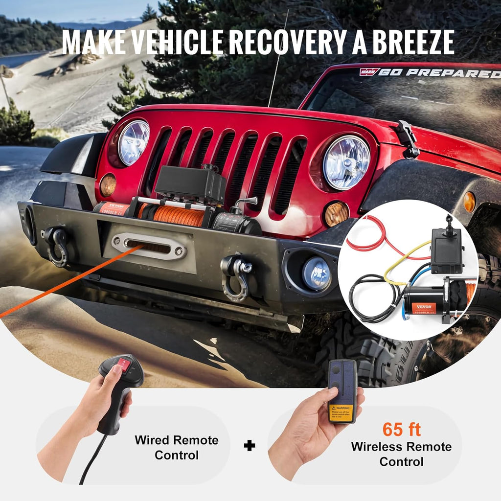 Electric Winch, 10,000 lb Truck Trailer Jeep Winch, 12V DC 7/20 in x 65 ft Synthetic Rope Aluminum Fairlead Wireless