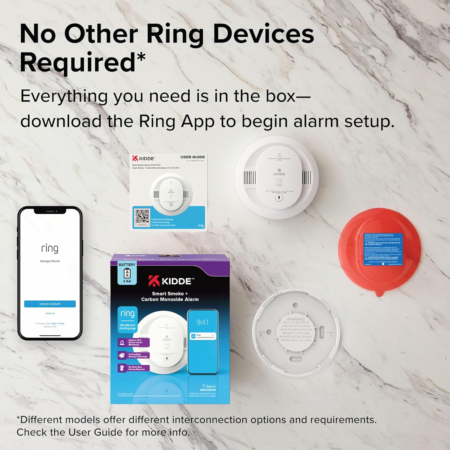 Smart Smoke and Carbon Monoxide Detector, Ring App Enabled for Real-Time Notifications, Wire-Free Interconnectivity