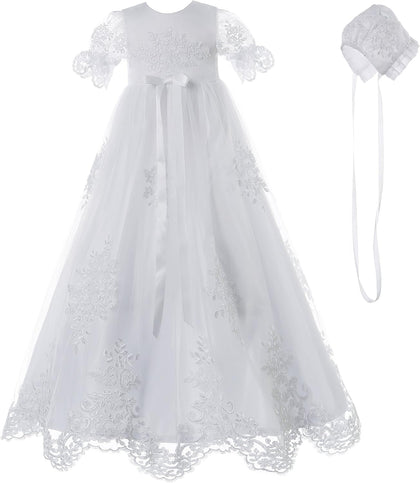 Baby Girls Baptism Delicate Embroideried Gown with Bonnet for 0-12 Months