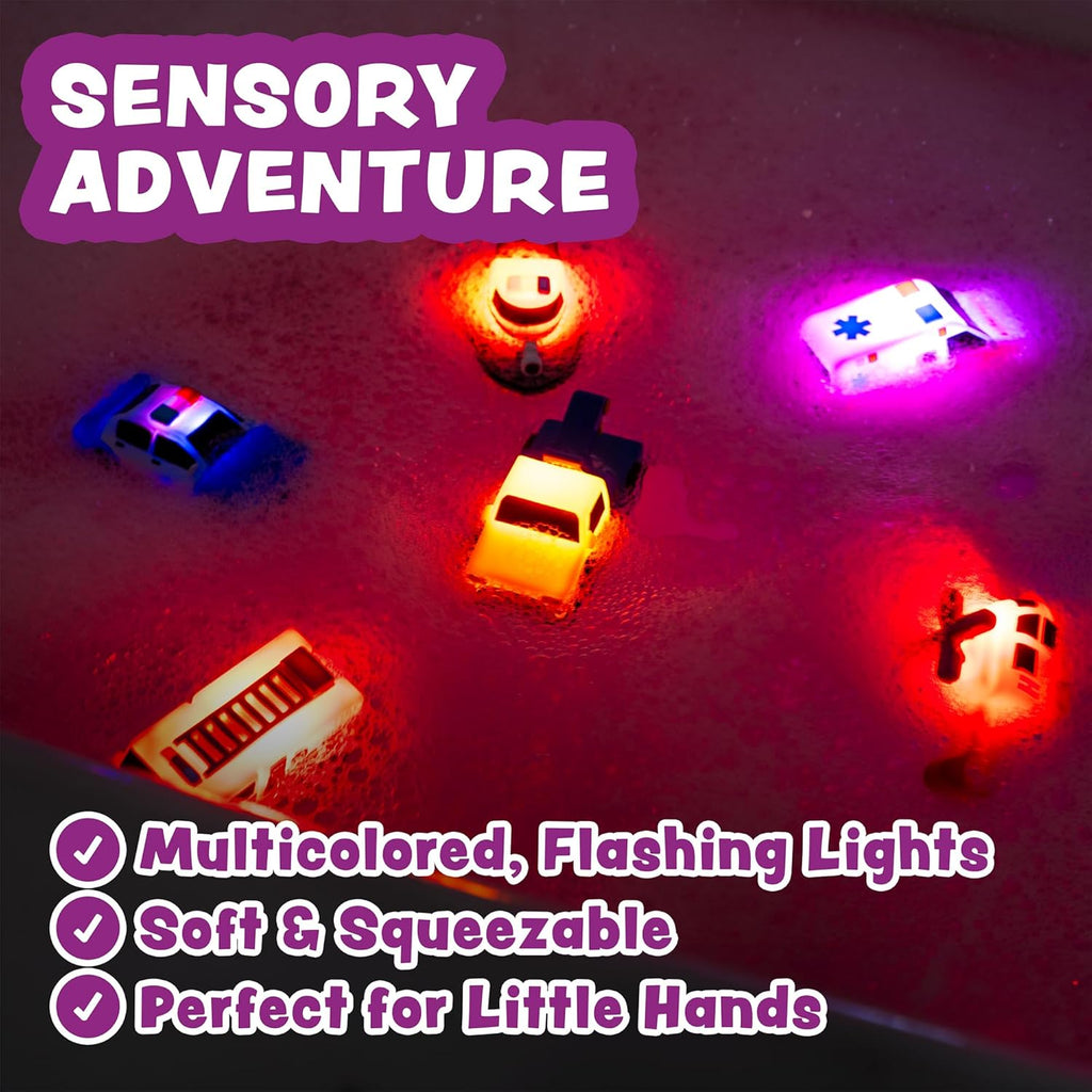 Emergency Cars Light Up Bath Toys, 6 Pack | Water-Activated Light Up Toys Flash & Change Color | Soft, Squeezable