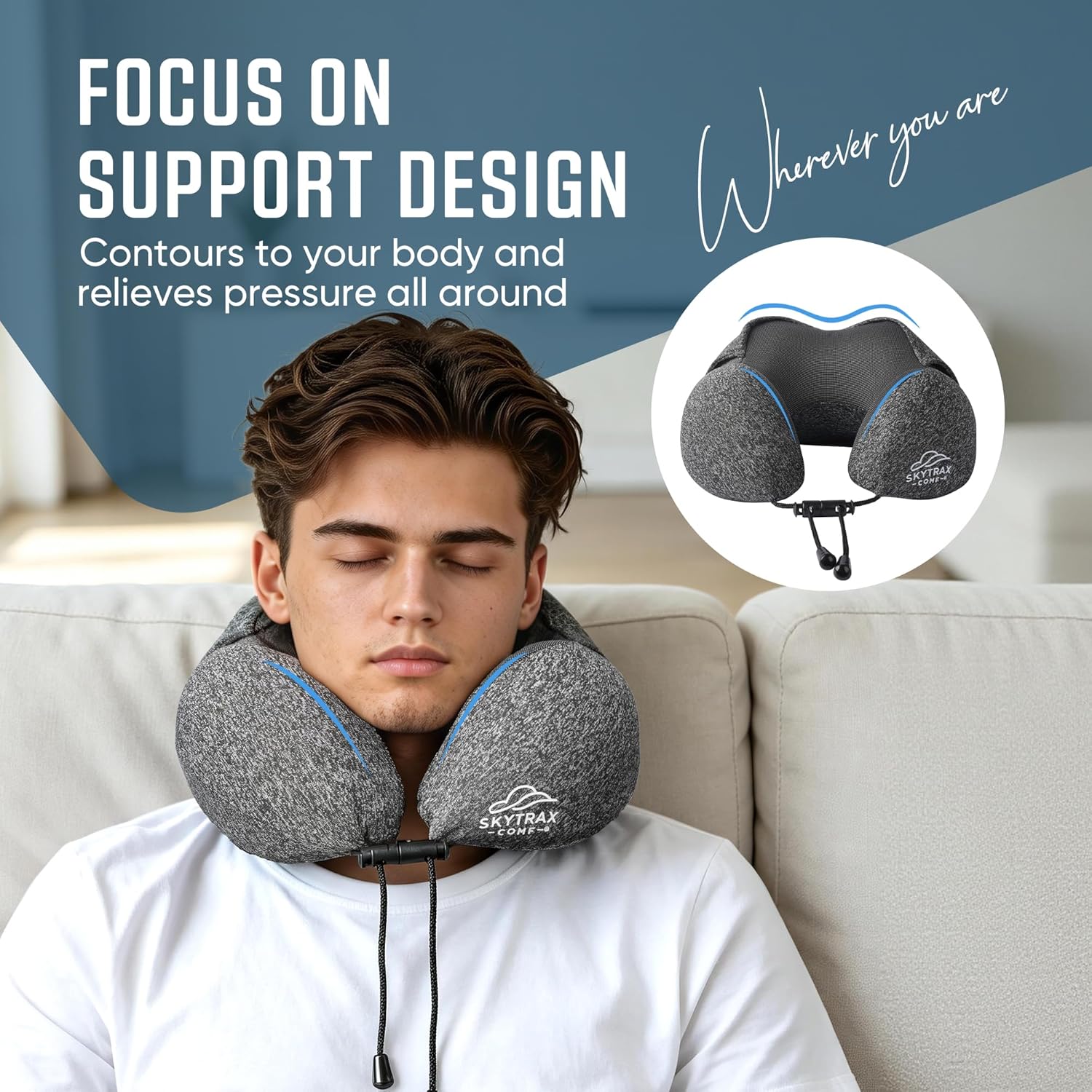 SkytraxComf Travel Neck Pillow with Hood for Privacy on Long Flights | Memory Foam | Airplane Sleep | Safety-Tested