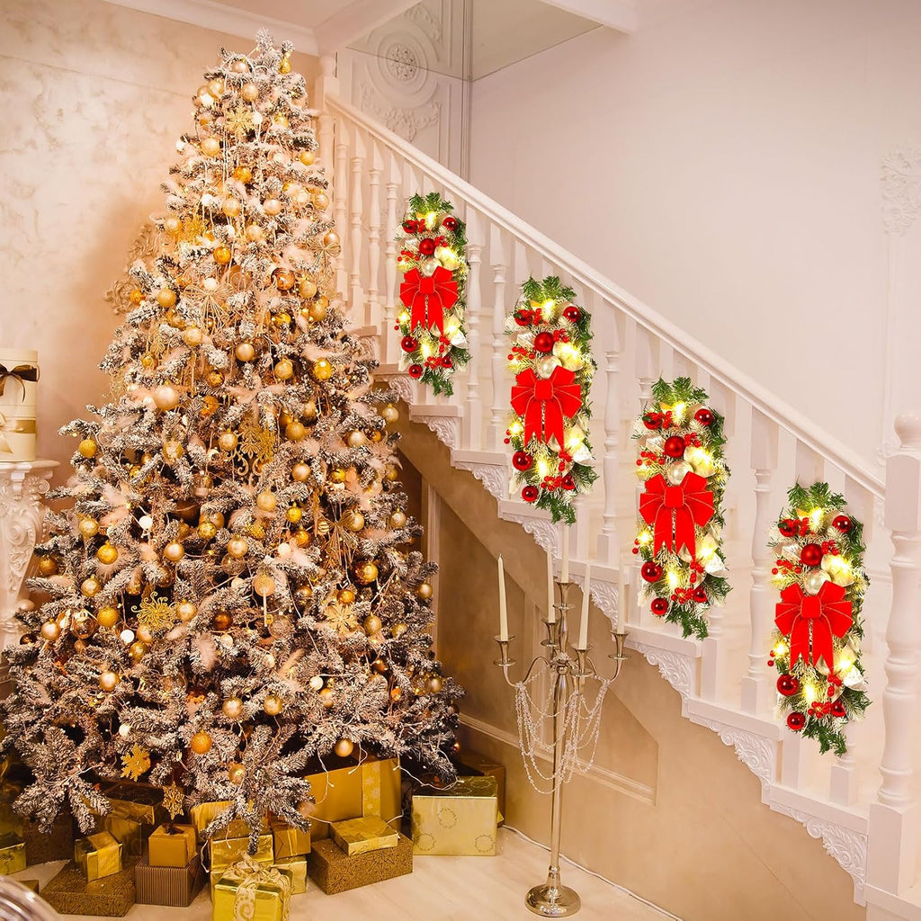 4 Pcs 19.7 Inches Light up Christmas Stair Swags LED Prelit Teardrop Swag Norfolk Pine Garland Artificial Stairs