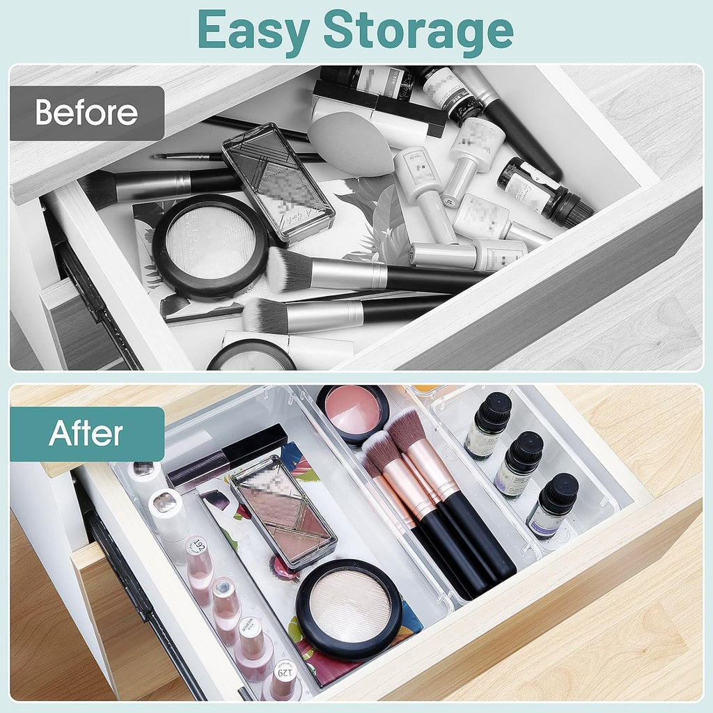 25 PCS Clear Plastic Drawer Organizer Set, 4 Sizes Desk Drawer Divider Organizers and Storage Bins for Makeup
