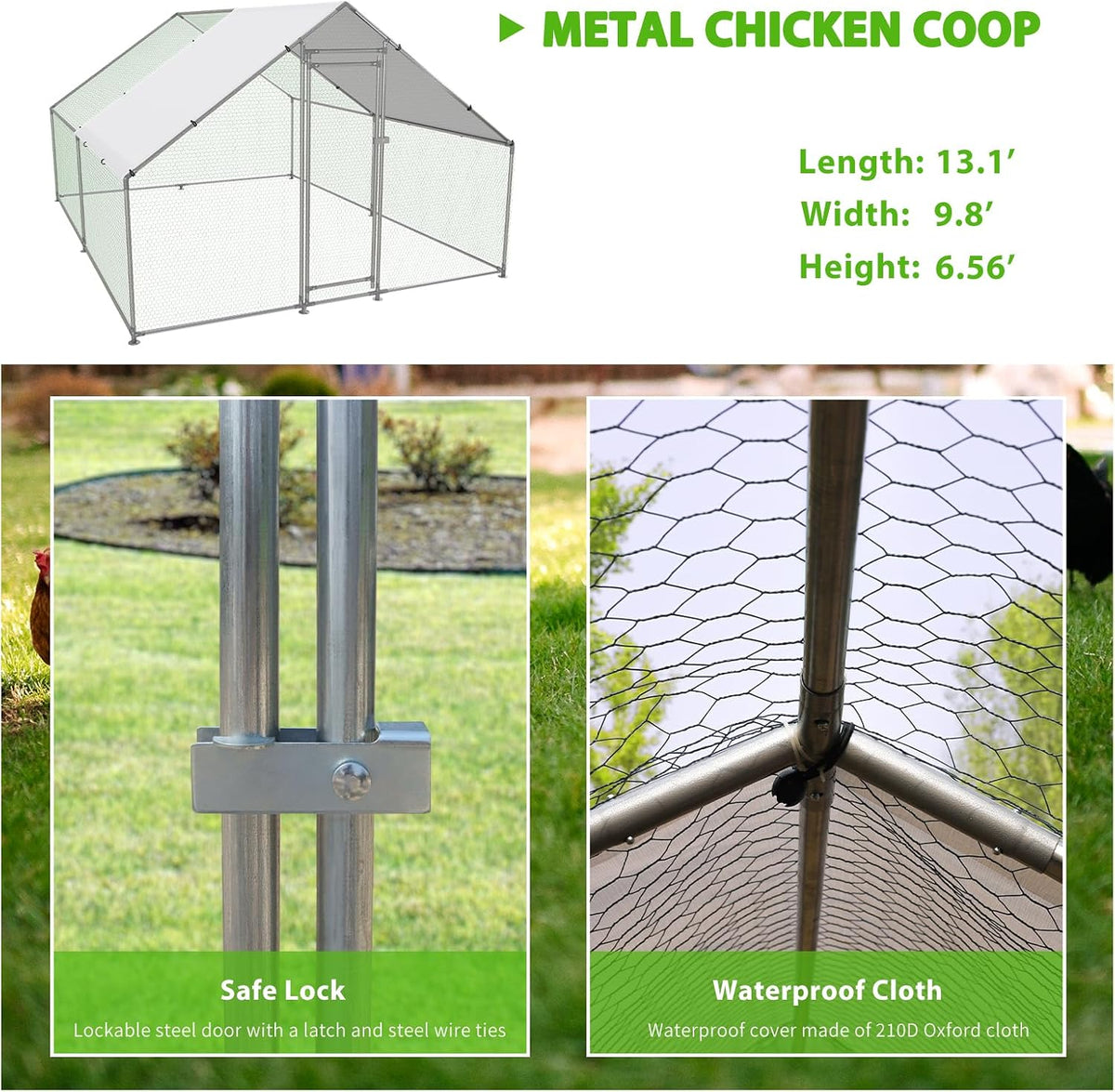 Large Metal Chicken Coop Walk-in Poultry Cage with Water-Resident and Anti-UV Cover Duck Rabbit Cat House Outdoor