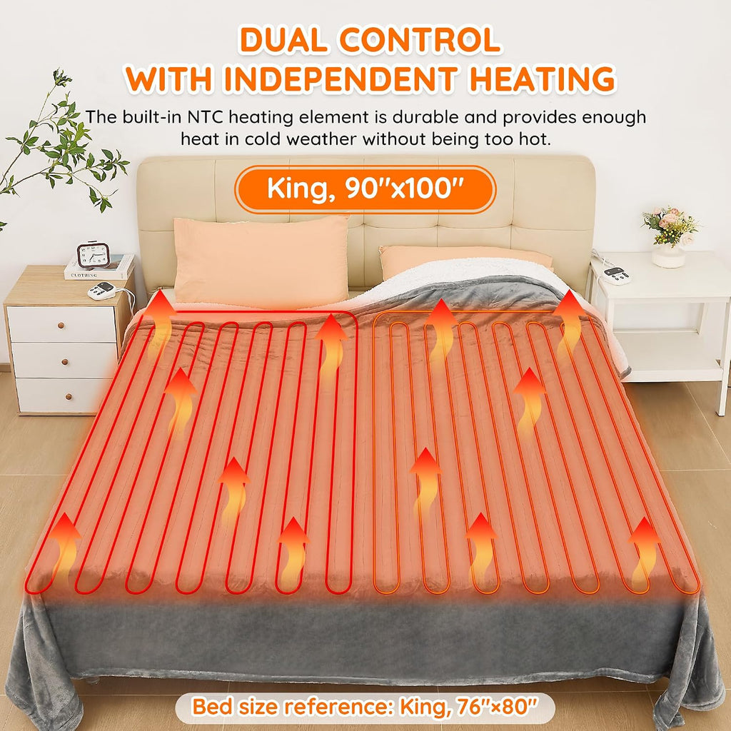 Electric Blanket King -90"x100" Dual Control Flannel Heated Blanket, 10 Heat Levels, 10-Hour Auto-Off, Fast Heating