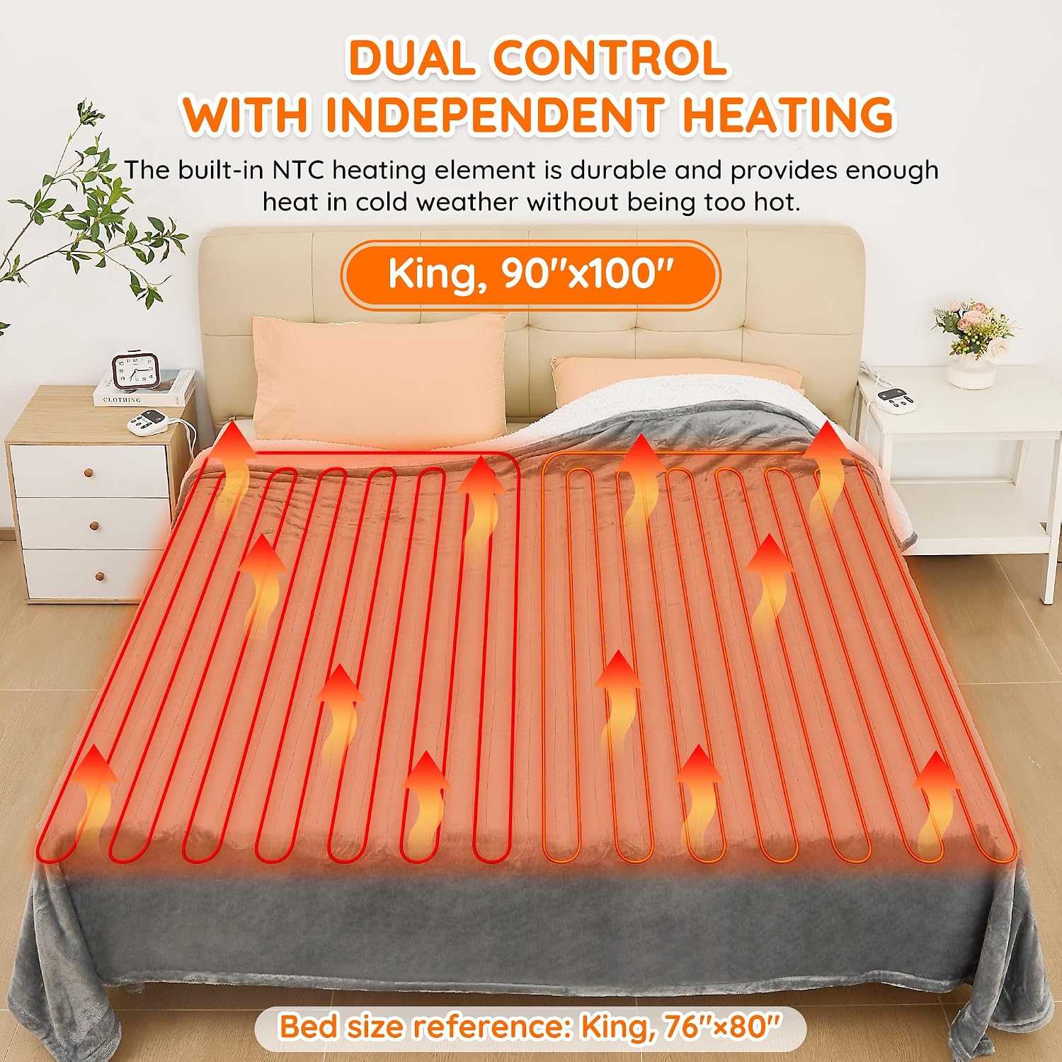 Electric Blanket King -90"x100" Dual Control Flannel Heated Blanket, 10 Heat Levels, 10-Hour Auto-Off, Fast Heating
