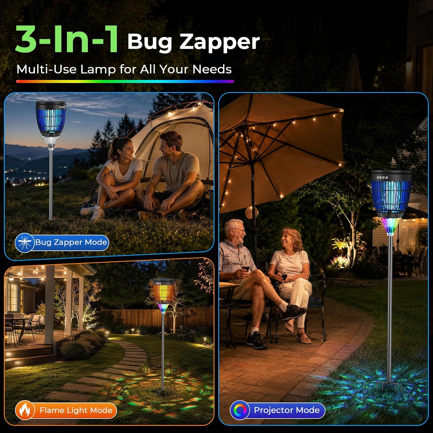 Solar Bug Zapper Outdoor, 3 in 1 Solar Mosquito Zapper with Flame, Projection Mode, Auto On/Off, Grounding Bracket