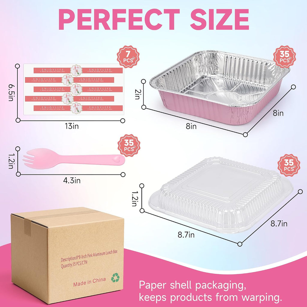 (35 Pack)Pink 8x8 Inch Disposable Aluminum Foil Pans&Square Cake Pans for Parties, Clear Plastic Lids,Eco-Friendly