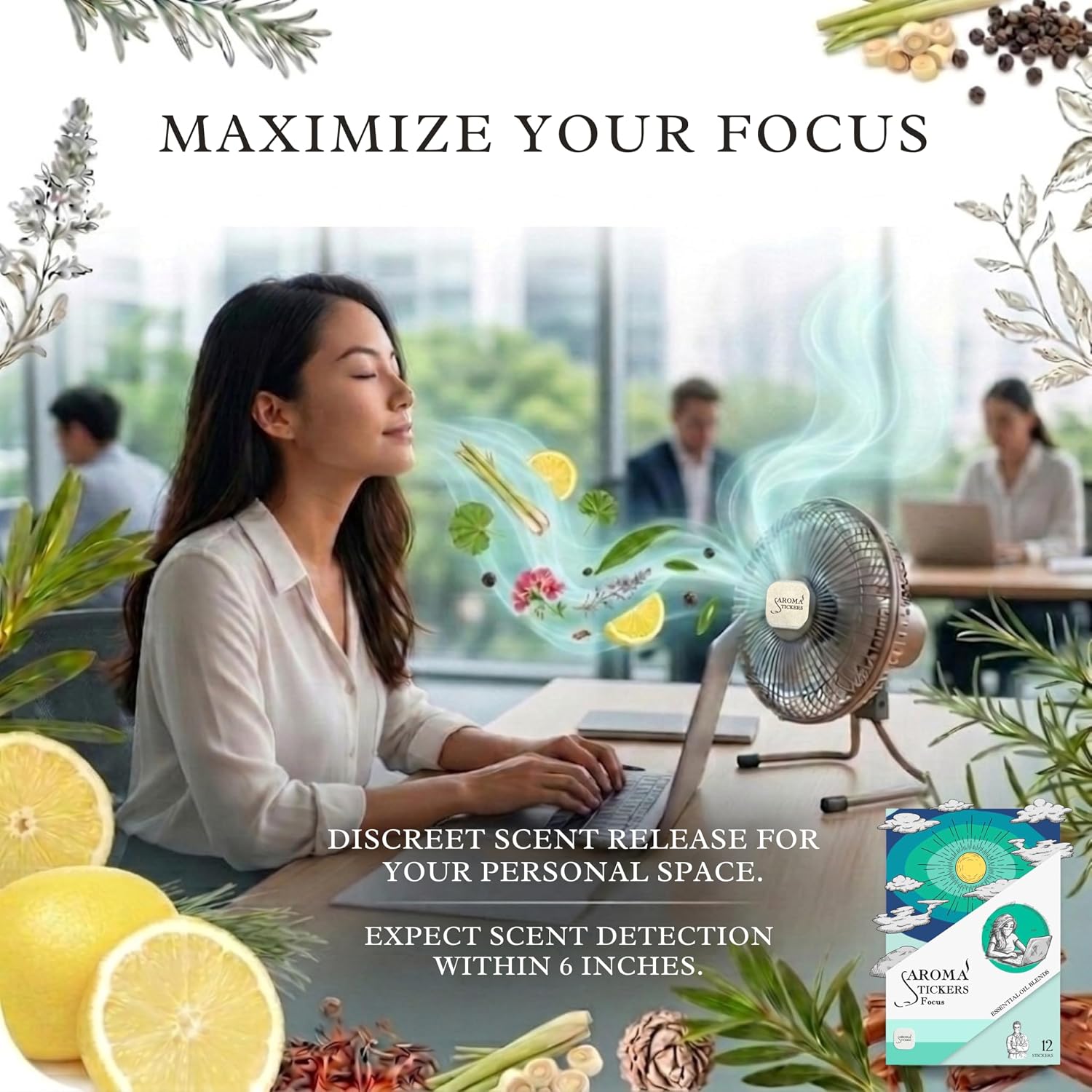 Original Blend Focus - 100% Natural Essential Oil Scented Stickers for Personal Space - Towels, Blankets, Face Mask &