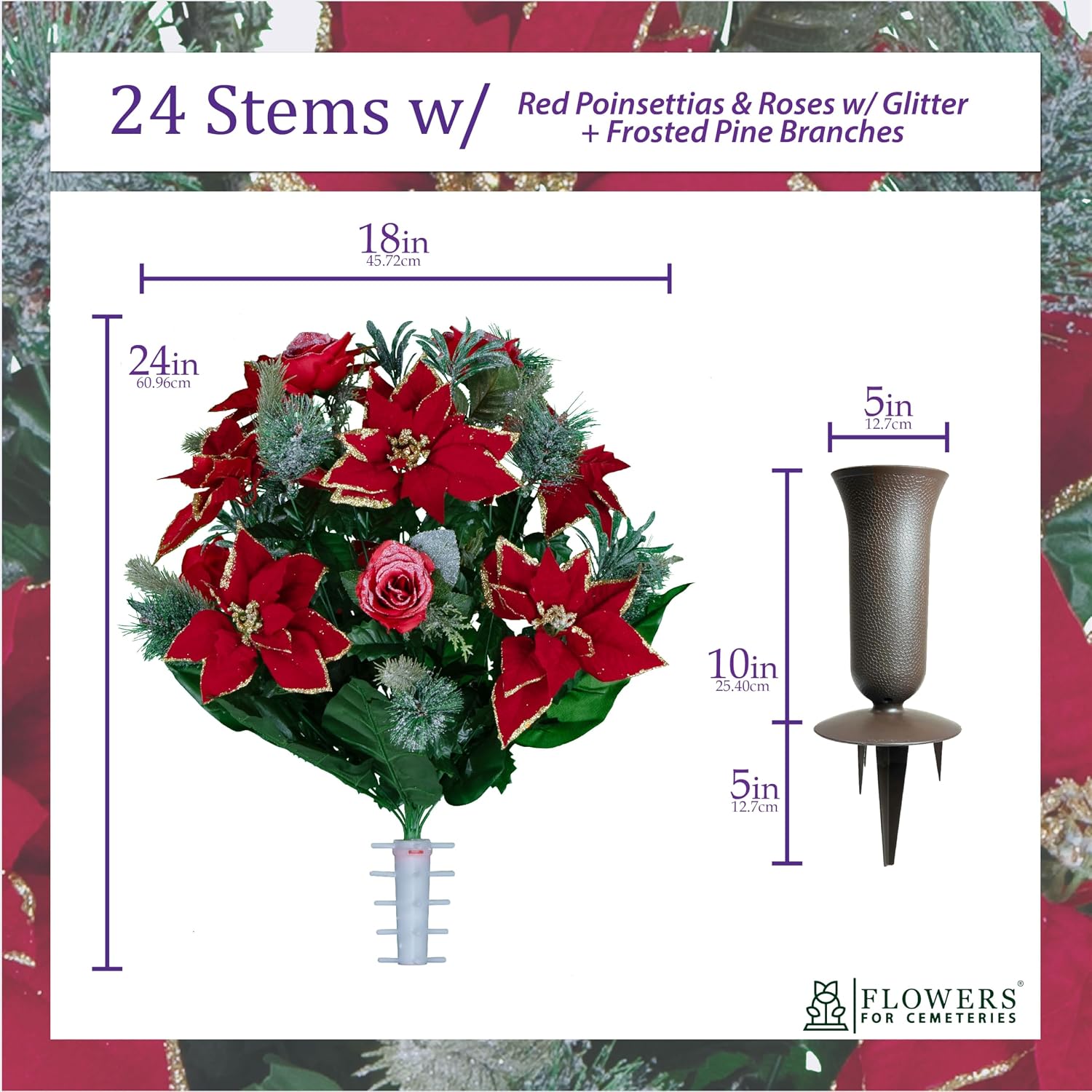 Artificial Cemetery Flowers - Red Poinsettias and Roses with Glitter and Frosted Pine Branches - (1) Bouquet (1) Vase