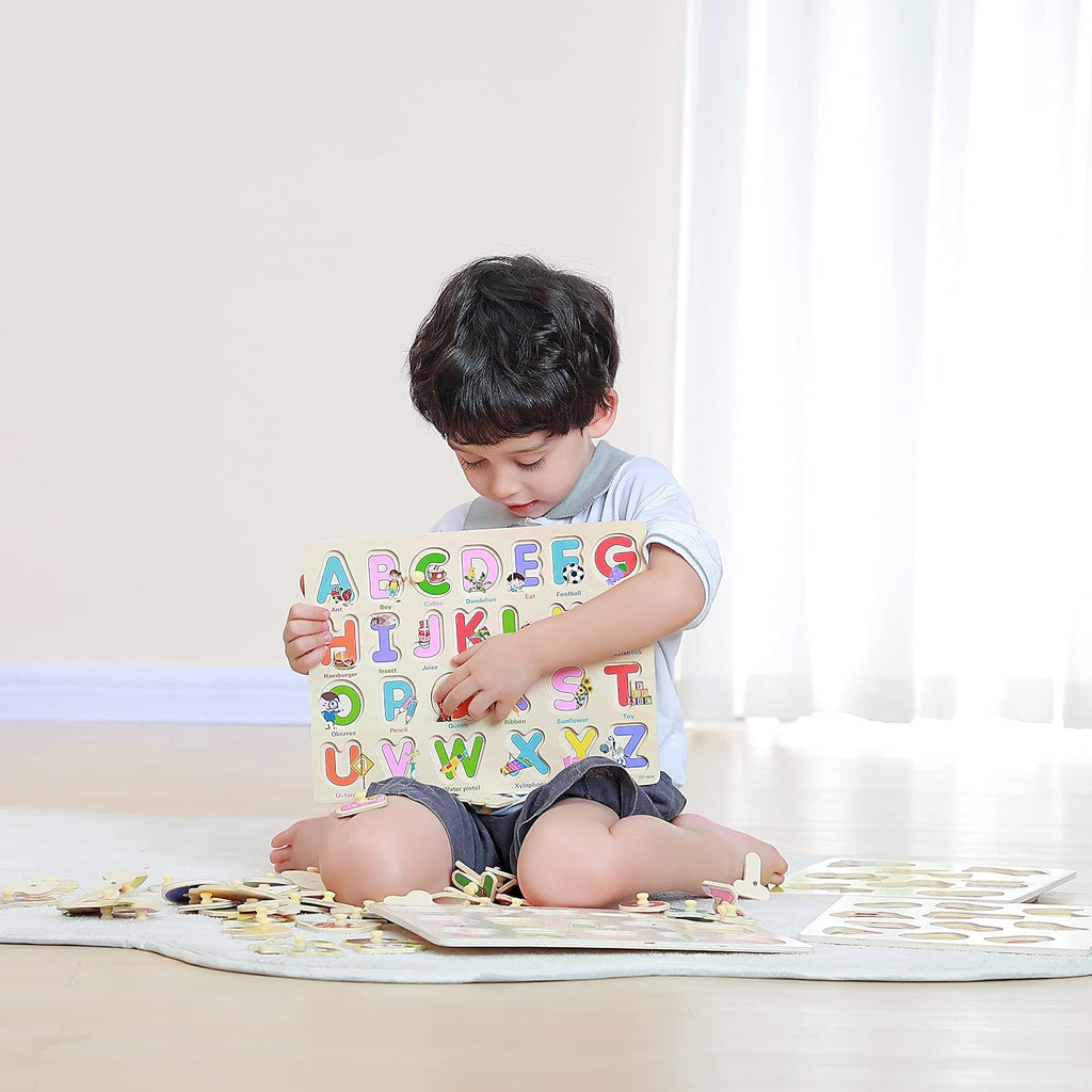 GRINNNIE Wooden Peg Puzzle for Toddlers 3 4 5 Years Old, 4 PCS Montessori Educational Learning Puzzles Set-Numbers