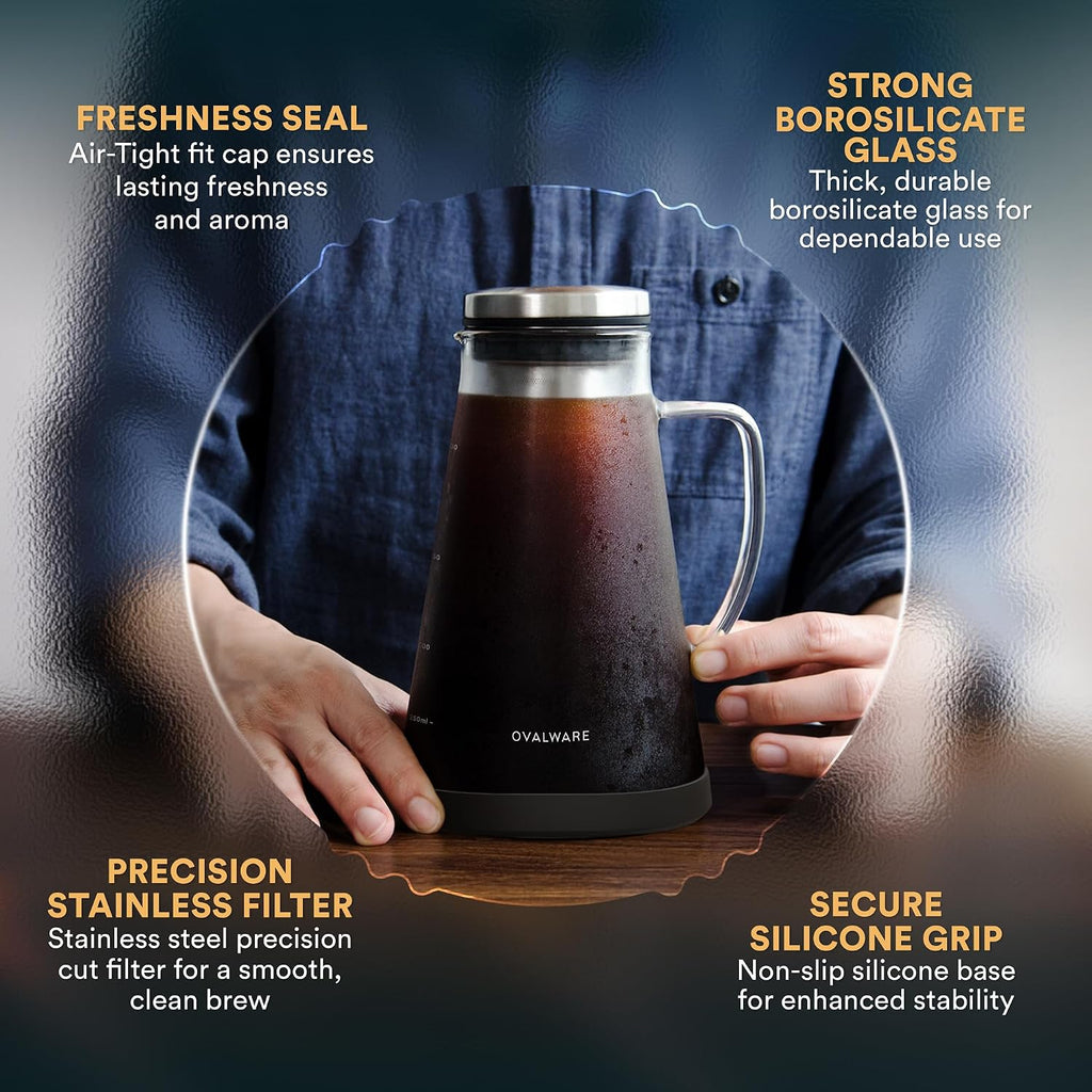 Airtight Cold Brew Iced Coffee Maker Pitcher and Tea Infuser with Spout - 1.0L / 34oz Ovalware RJ3 Brewing Glass