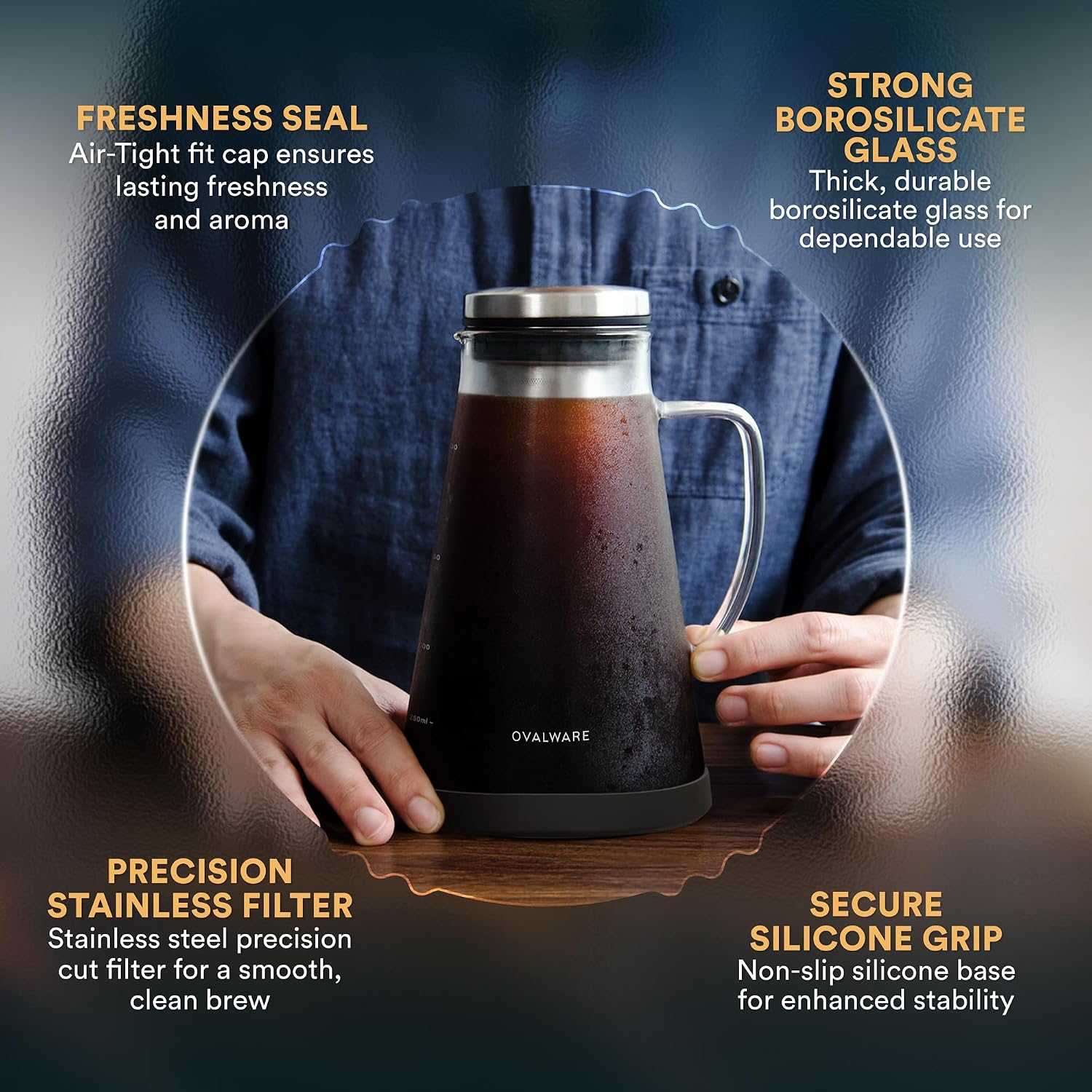 Airtight Cold Brew Iced Coffee Maker Pitcher and Tea Infuser with Spout - 1.0L / 34oz Ovalware RJ3 Brewing Glass