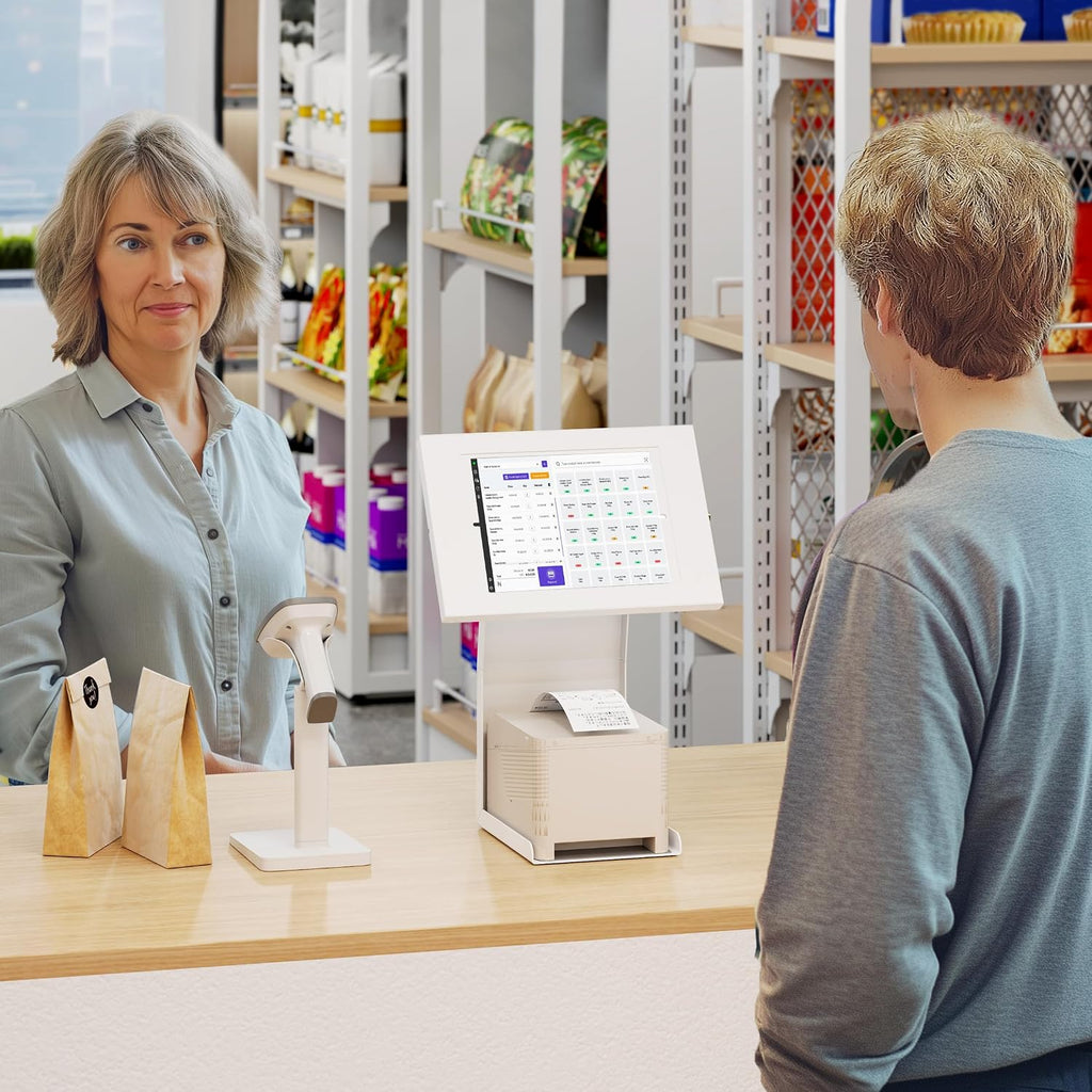 iPad Kiosk Stand with Printer Shelf, Locking Anti-Theft, White | Tablet POS Stand for Countertop Checkout, 90°