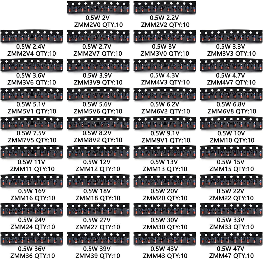 Chanzon 34 Values 340pcs 0.5W SMD Zener Diode Assorted Kit (2V-47V)