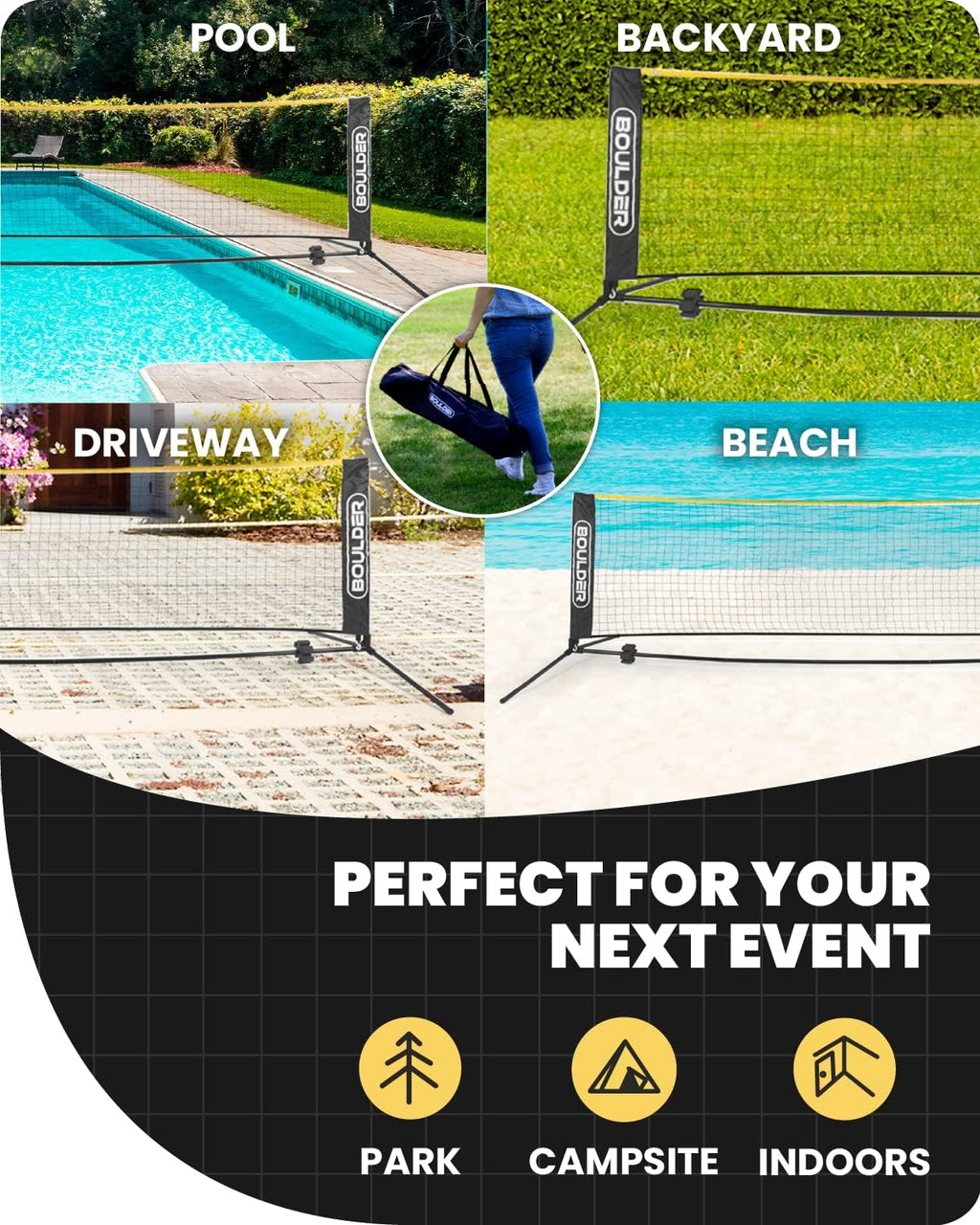 Portable Badminton Pickleball Net - Foldable/Extendable Poles for Multiple Sports Heights (UP to 5 ft) - Ideal for