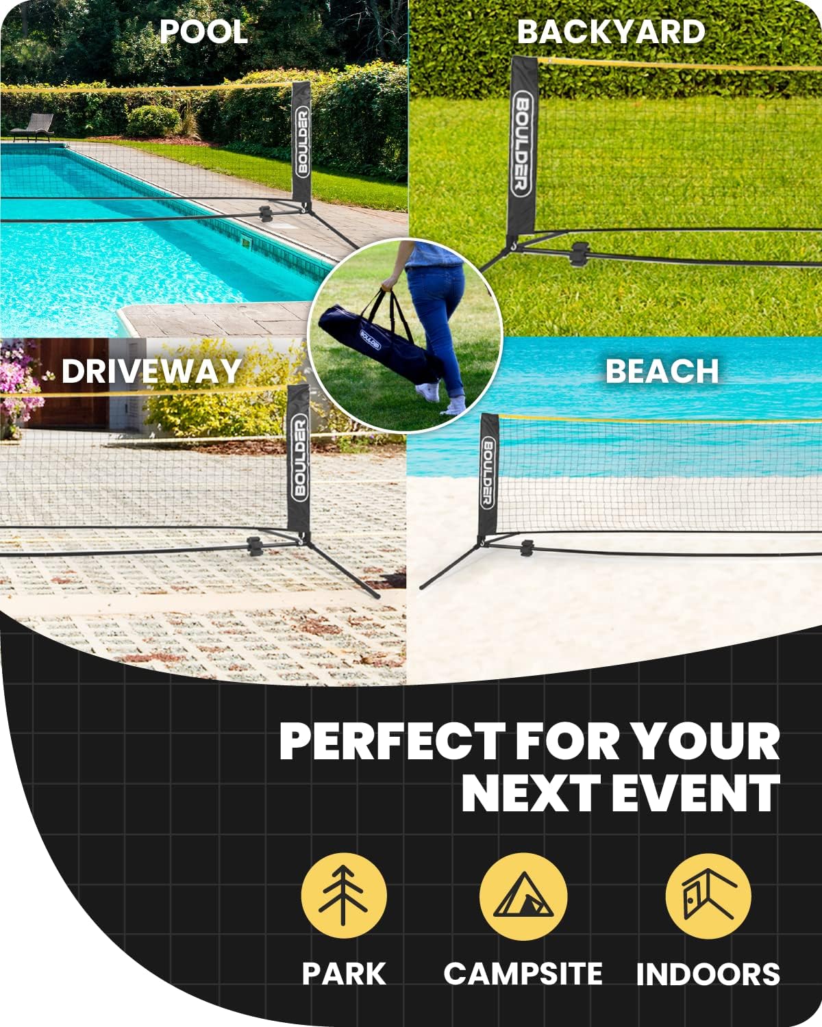 Portable Badminton Pickleball Net - Foldable/Extendable Poles for Multiple Sports Heights (UP to 5 ft) - Ideal for