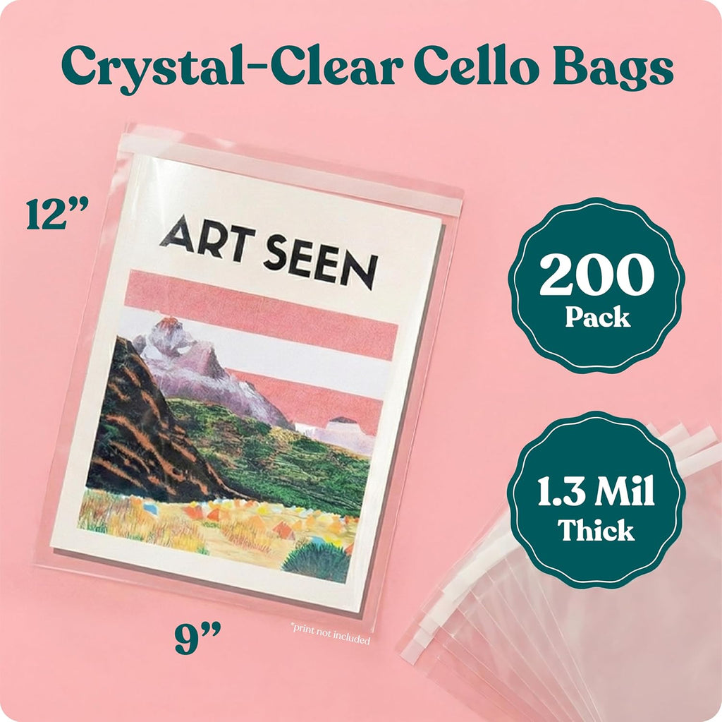 9x12 Self Sealing Cellophane Bags (200 Pack) - Resealable Adhesive