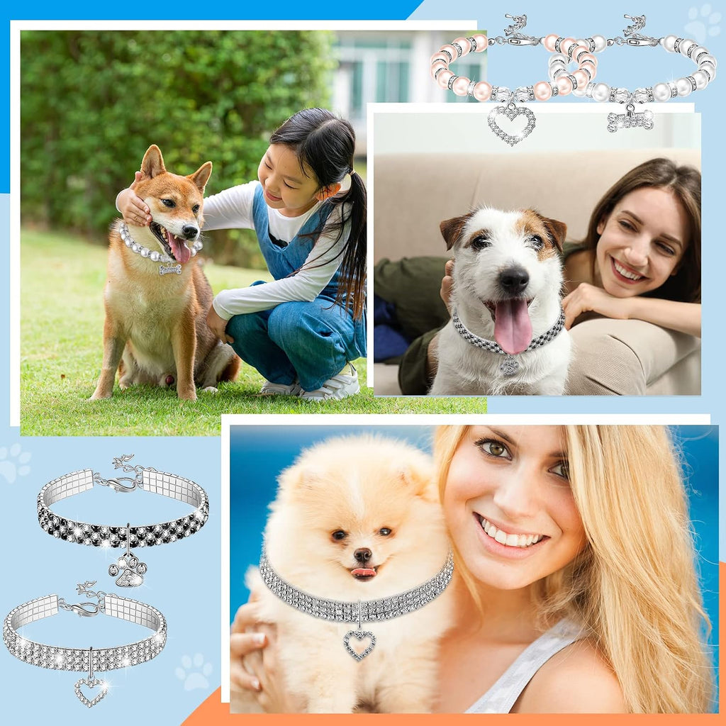 4 Pcs Pearl Dog Collar, Adjustable Rhinestone, Small, Paw Style