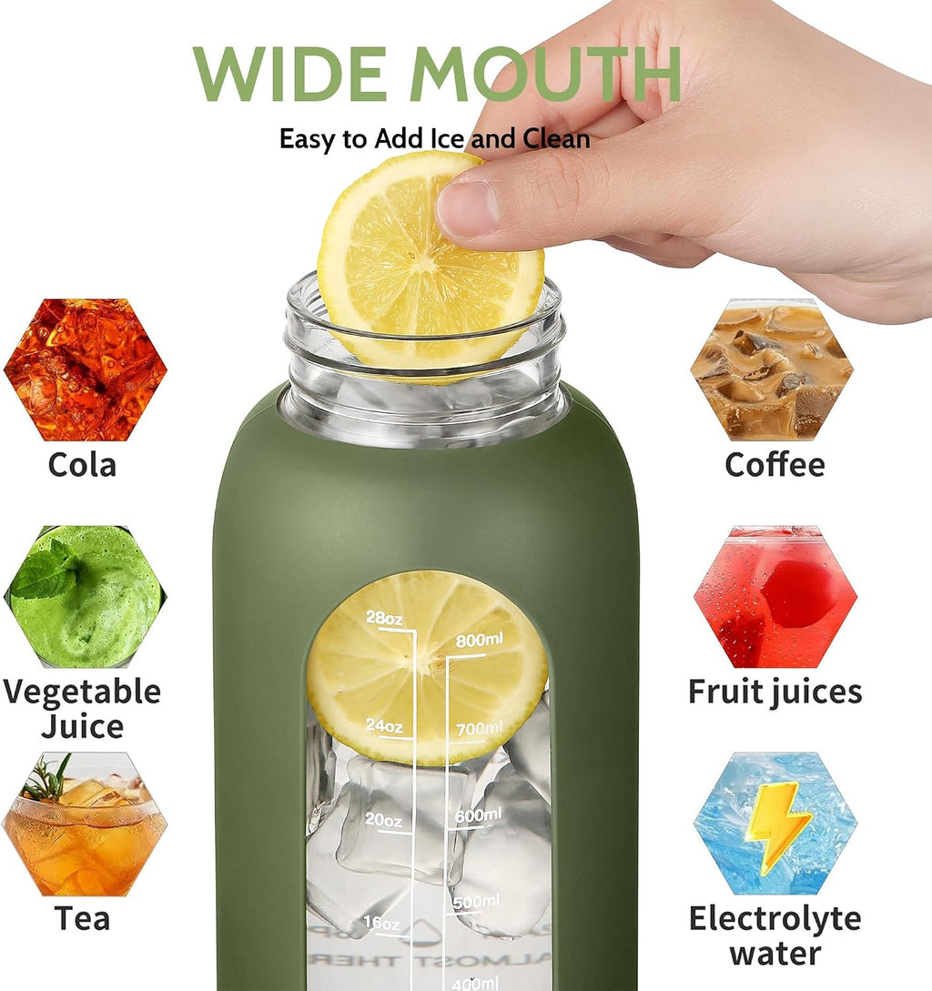 64 oz Glass Water Bottle with Straw and Insulated Bottle Holder | Half Gallon Motivational Water Jug with Time Marker