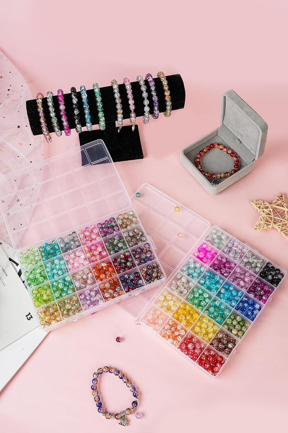 1300PCS 8mm Mixed Crackle Glass Beads for Bracelets Making with Accessories, 48 Colors Crystal Glass Beads Jewelry
