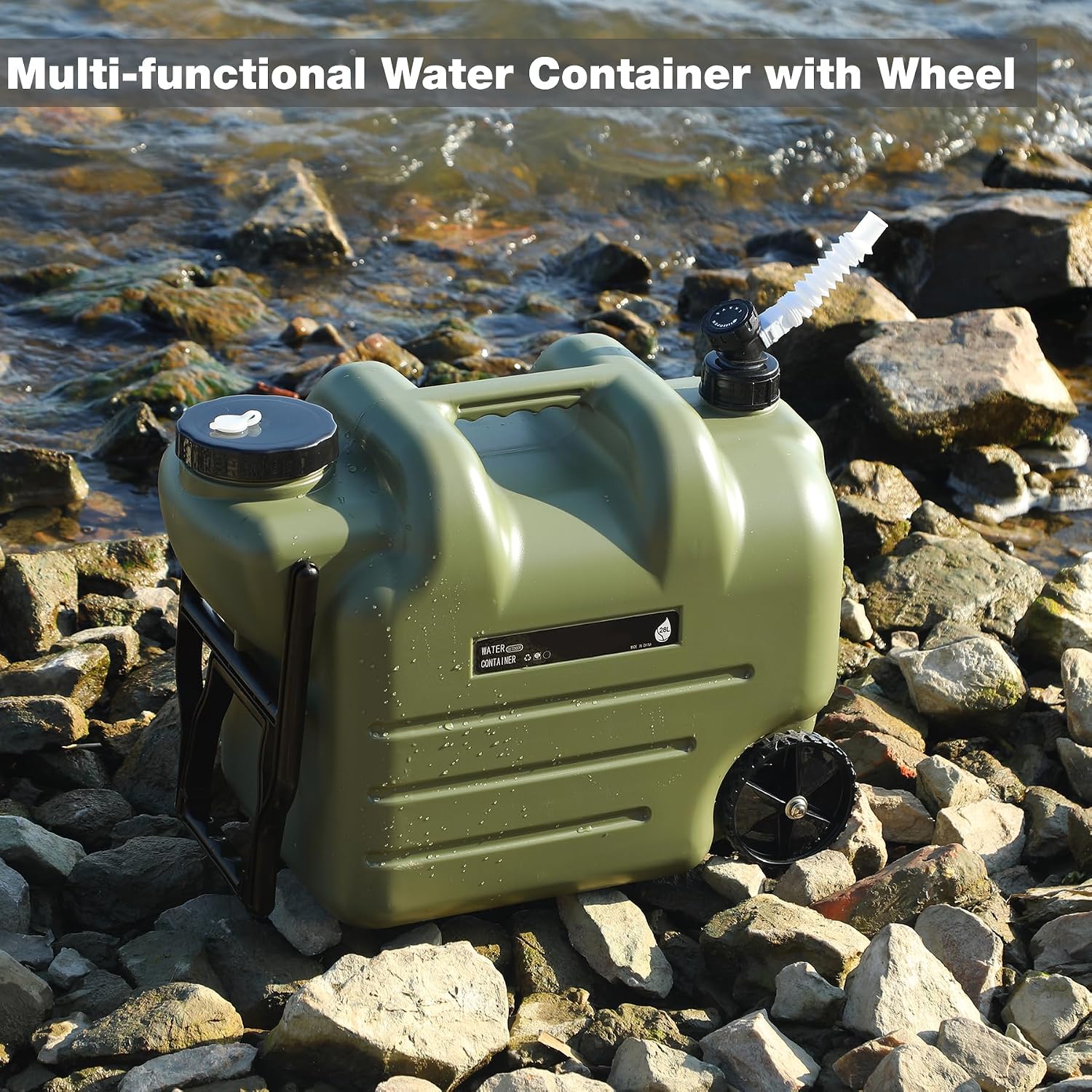 7.4 Gal Portable Water Container with Wheels & Spigot, Green | BPA-Free Rolling Camping Water Jug with Wheels &