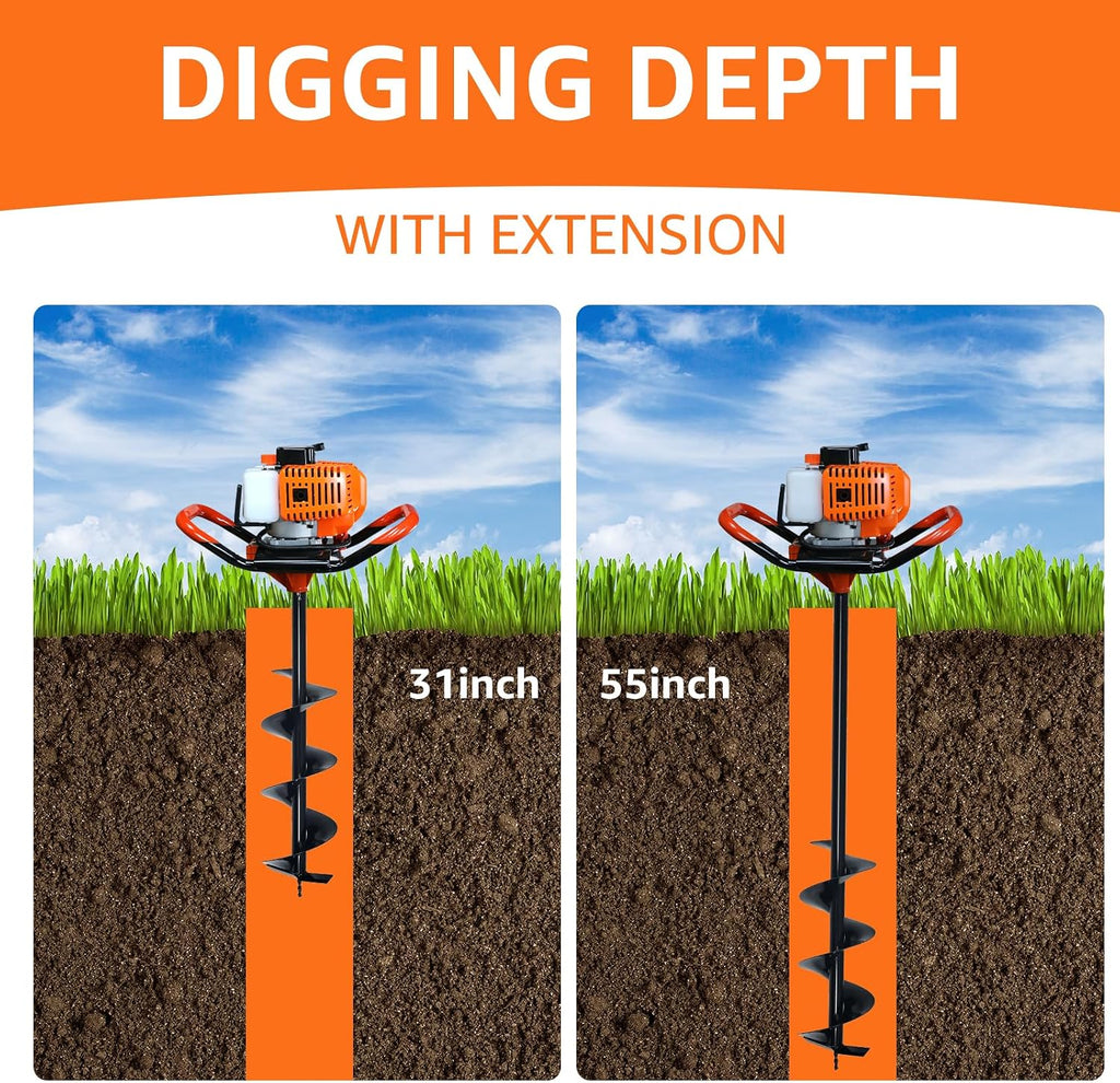 62CC 2-Stroke Gas Powered Post Hole Digger with 3" & 5" & 8" Auger Bits + 24“ & 24" & 24" Extension Rod, Heavy Duty