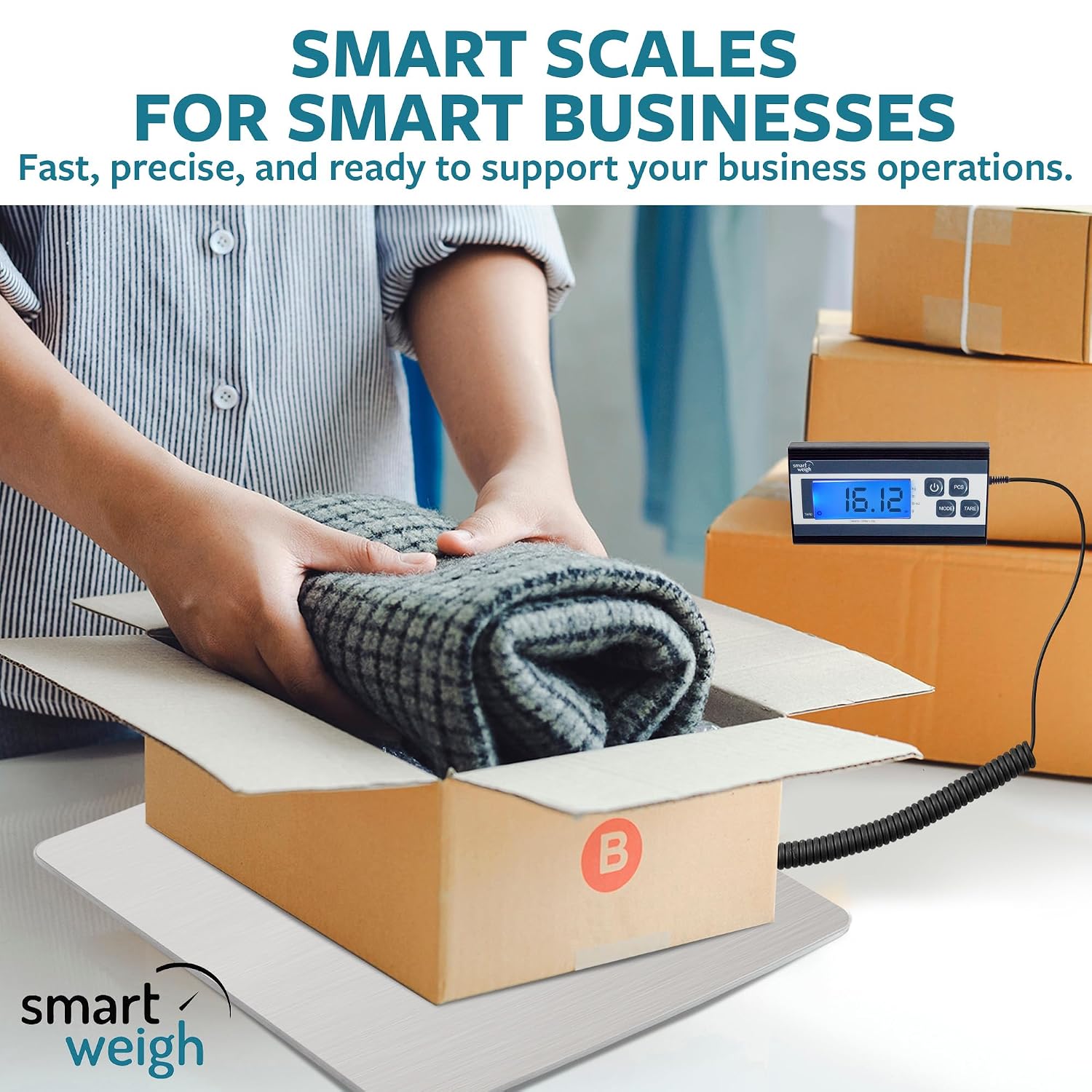 Digital Postal Shipping Scale, 440 lb Capacity, 1 oz Readability, Hold & Tare Functions, Battery or USB-C Power