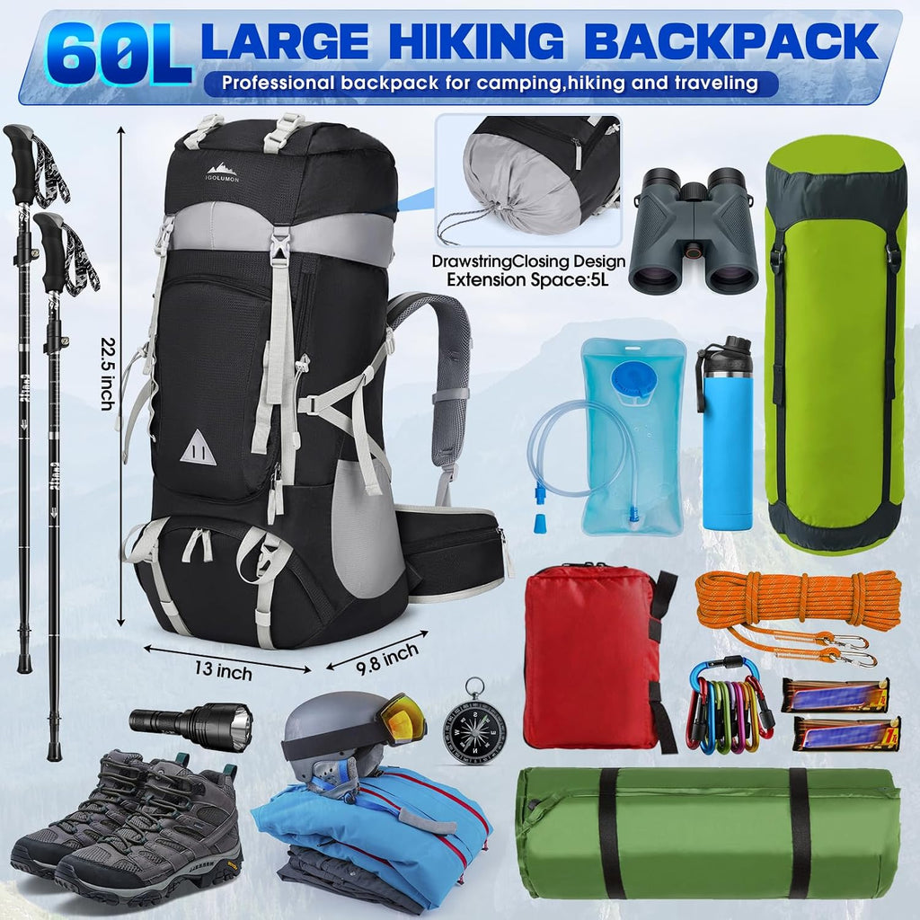 60L Hiking Backpack Waterproof Camping Backpack with Rain Cover Large Lightweight Backpacking Backpack for Men Women