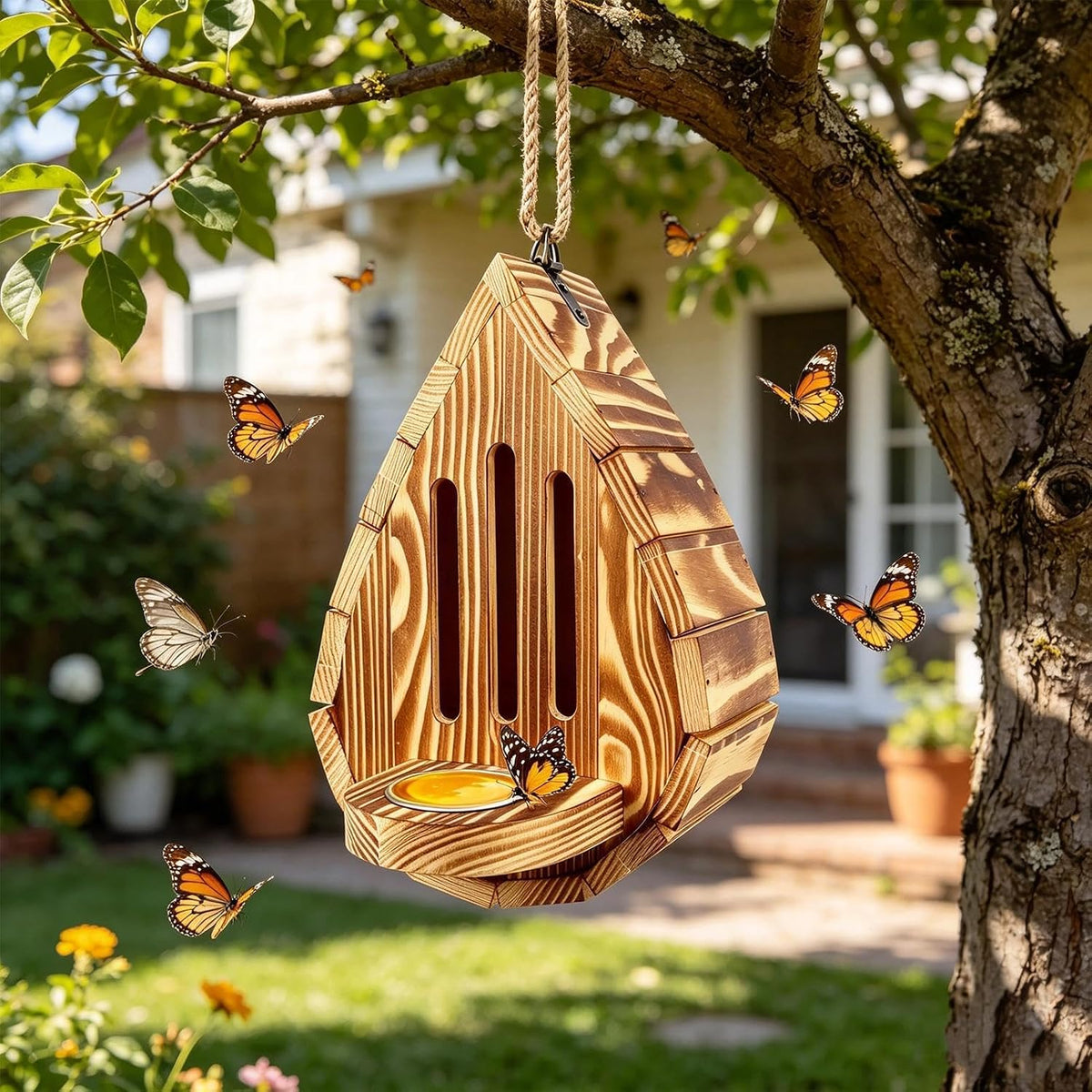 Water Droplets Shaped Wooden Butterfly House, Wooden Hanging Butterfly Habitat & Feeder with Rope & Puddler, Hanging