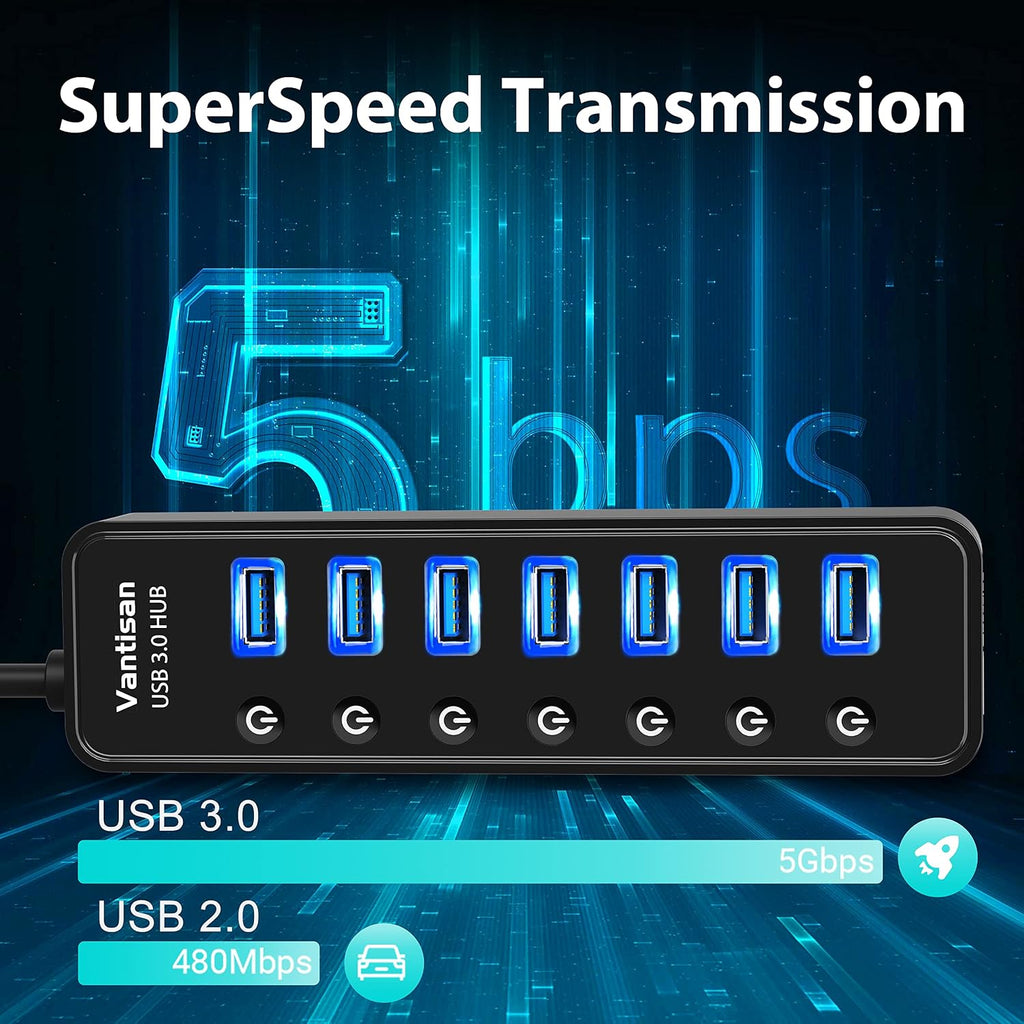 USB Hub 3.0 Powered, 7 Ports USB Data Hub Splitter with One Smart Charging Port and 5V/4A Powered Adapter and ON/Off