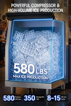 Commercial Ice Maker Machine 580lbs, 350lbs Bin, Stainless Steel