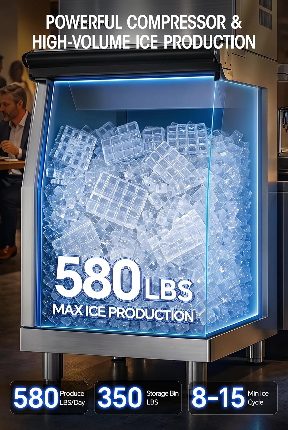 Commercial Ice Maker Machine 580lbs, 350lbs Bin, Stainless Steel