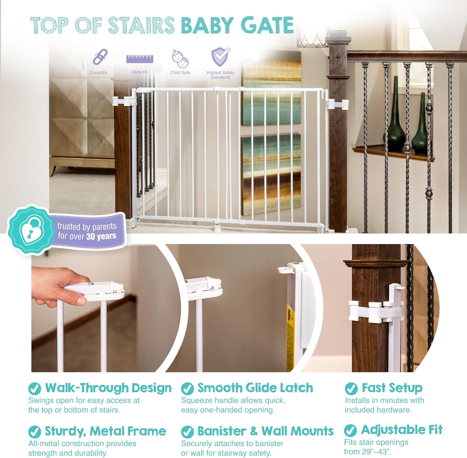 Safety 29-43" Top of Stairs Baby Gate, Extra Wide Baby Gate, Extra Wide Hardware Mounted Stair Gate with Banister &