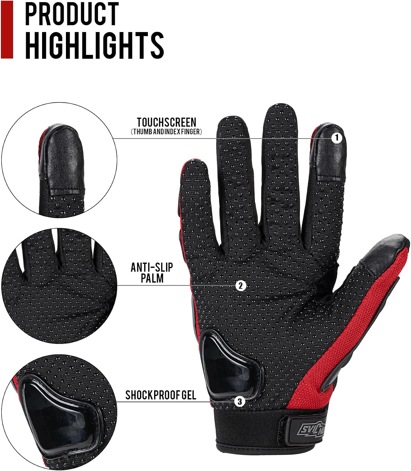 Motorcycle Gloves Motorbike Red Short Sports Leather Summer for Touch-Screen | Knuckle Protection, Breathable Mesh