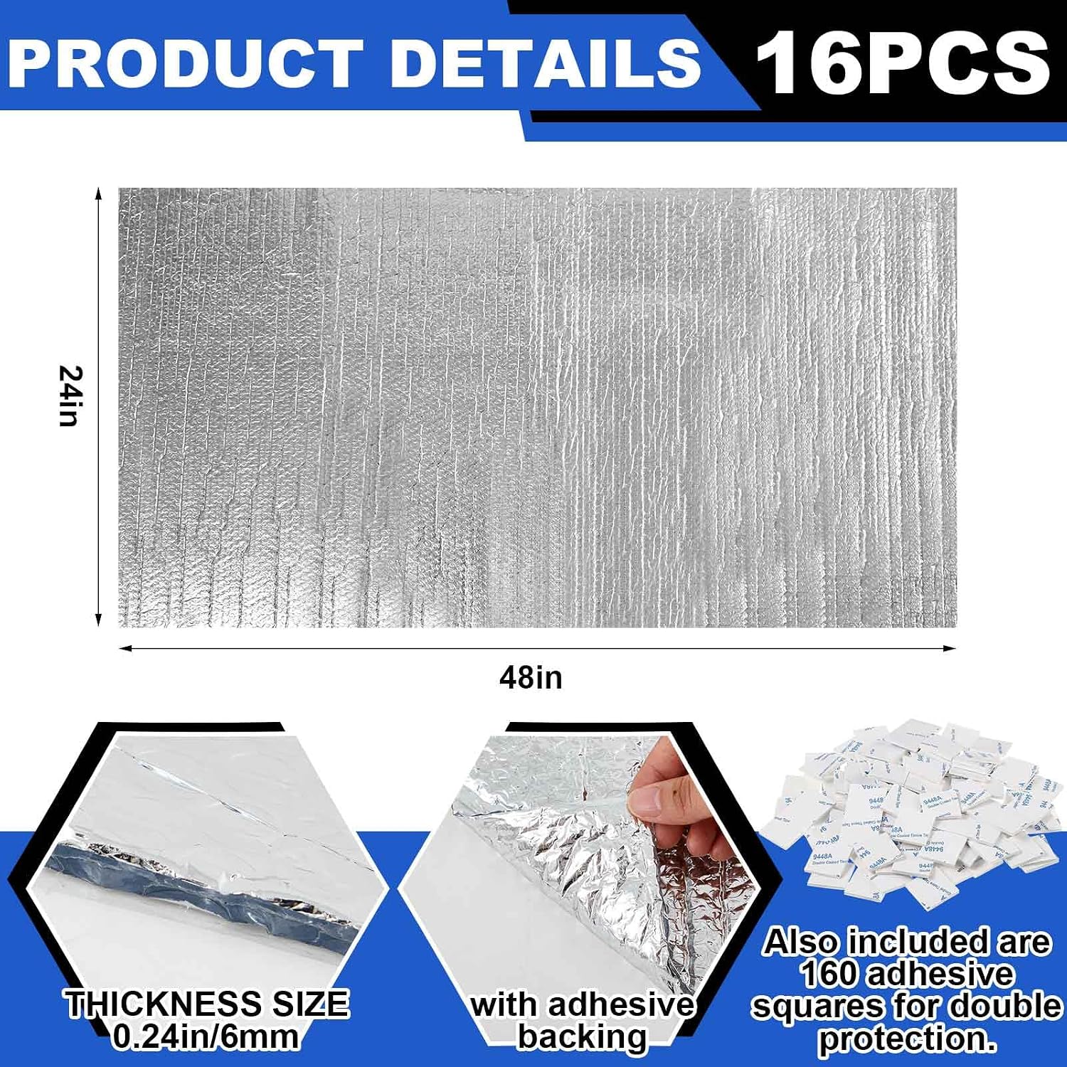 16 Pack 24'' x 48'' Self-Adhesive Garage Door Insulation Kit 2 Car Panel 0.24'' Thick Double Bubble Insulation for
