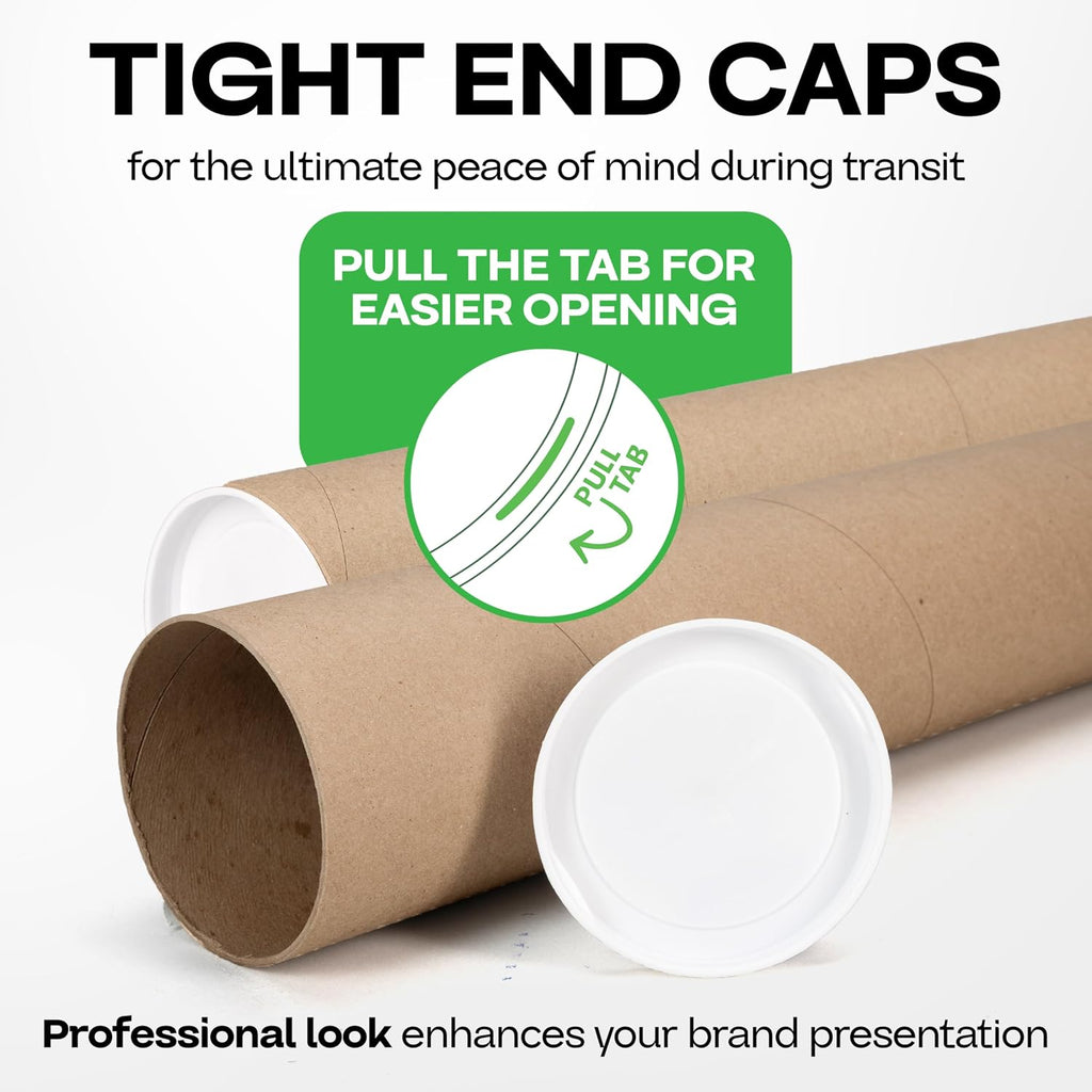Cardboard Mailing Tube, 3" x 24" with Plastic Caps - USA-Made USPS Approved Poster Tube for Documents & Blueprints