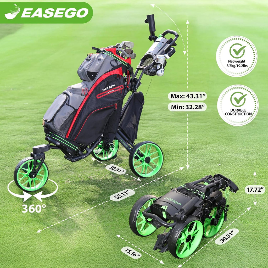 Golf Push Cart 3 Wheel : 360° Swivel Front Wheels Golf Walking Carts