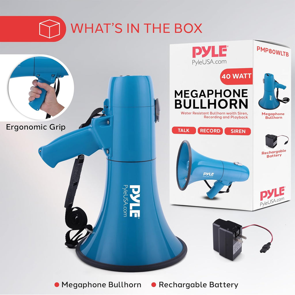 Portable Megaphone Bullhorn Speaker–50W Waterproof PA Loudspeaker with Built-In Siren, Adjustable Volume & Tone