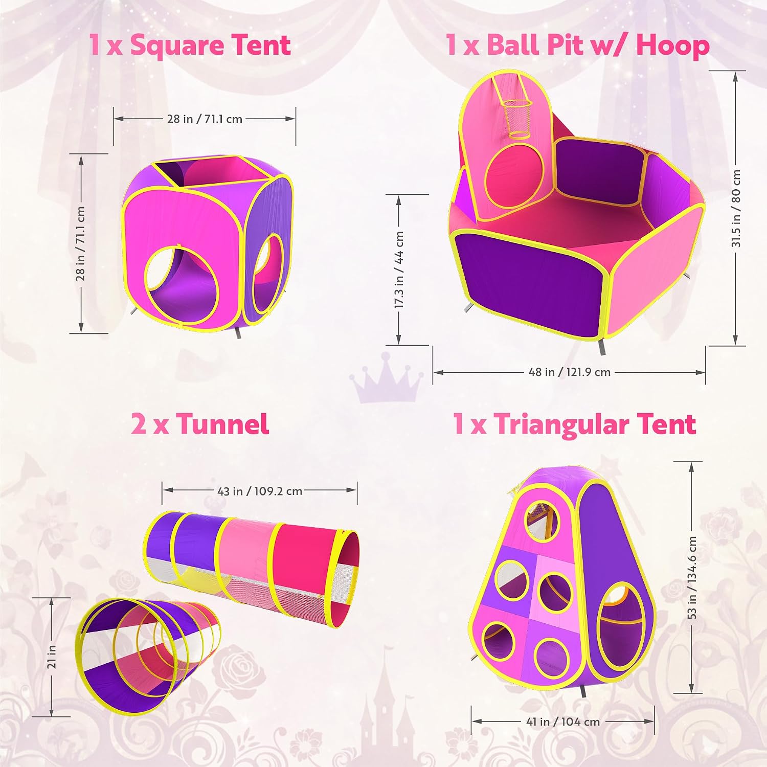 5pc Kids' Play Tents & Tunnels - Ball Pit for Toddlers, Basketball Hoop, Crawling Tubes, Pop-Up Playhouses, Baby
