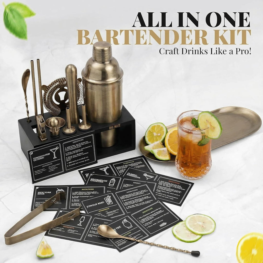 Brushed Brass Mixology Kit - 15 Piece Bar Tool Set, Silver Bar Set Cocktail Shaker Set for Drink Mixing - Includes