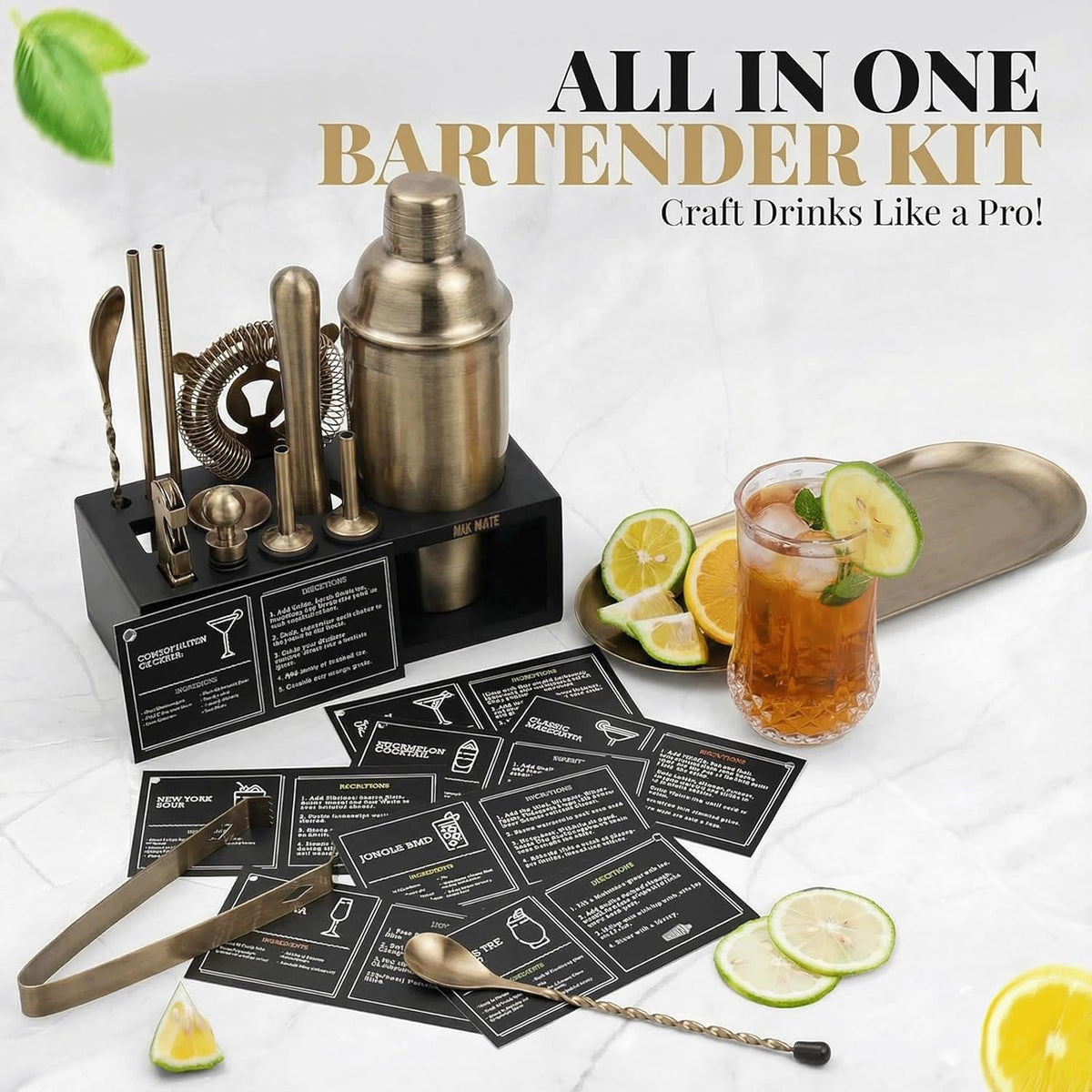 Brushed Brass Mixology Kit - 15 Piece Bar Tool Set, Silver Bar Set Cocktail Shaker Set for Drink Mixing - Includes