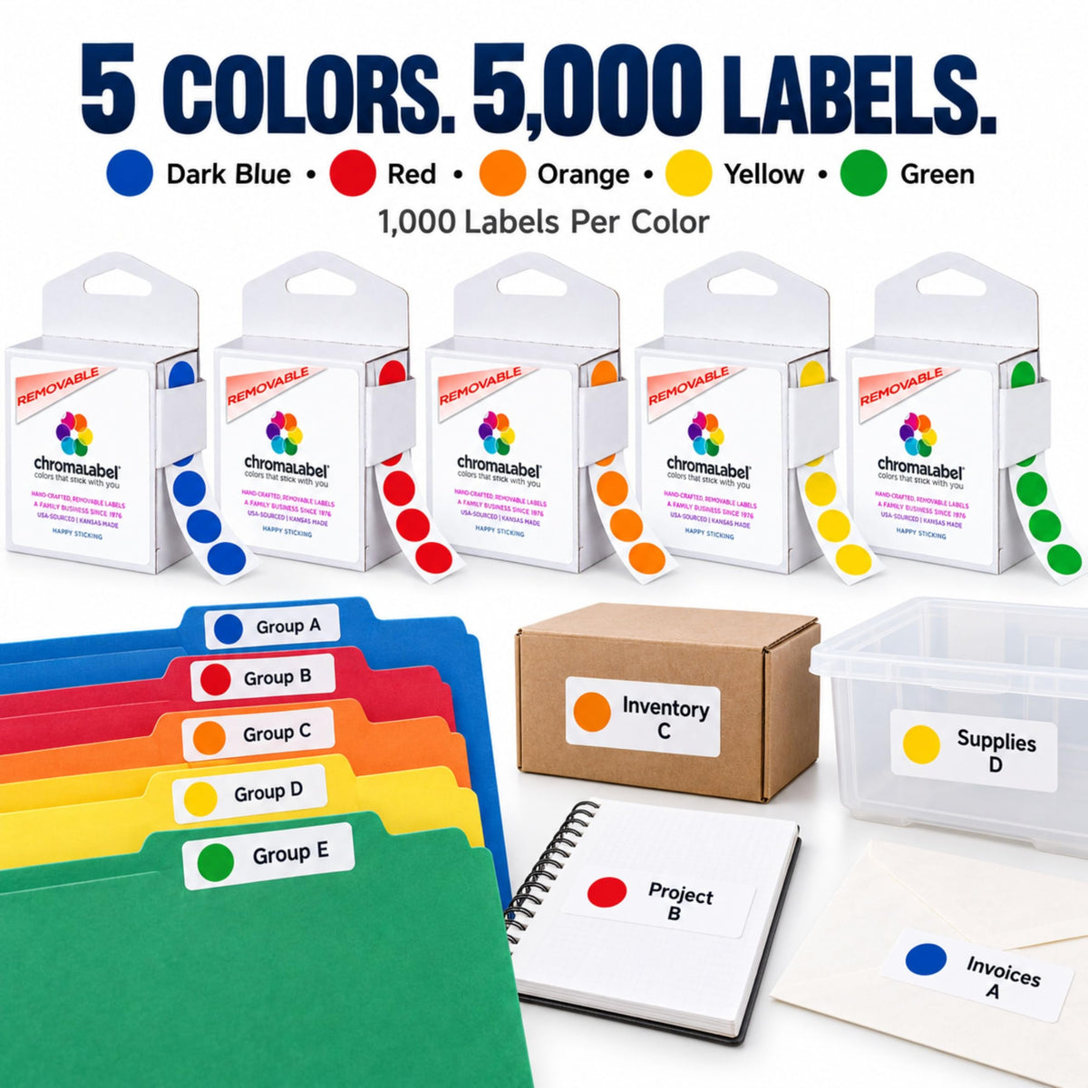 Removable Dot Stickers, 1/2 Inch, 5 Colors, 5,000 Total