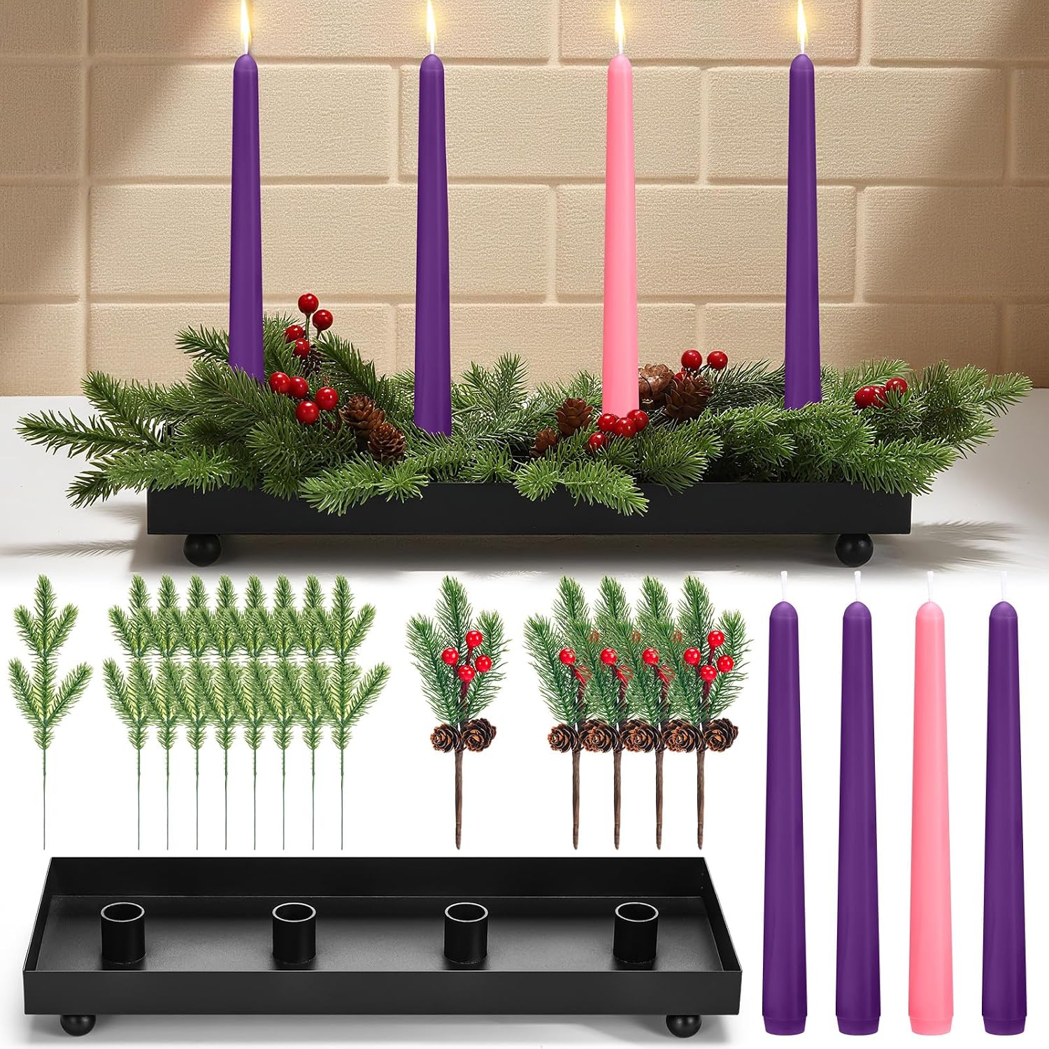 Advent Candle Holder Black Iron Tray 4 Candles 15 Pine Needles