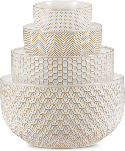 Ceramic Mixing Bowls, Nesting Set of 4, Embossed Kitchen Dishware, Prep, Serving, Gift, Microwave and Dishwasher