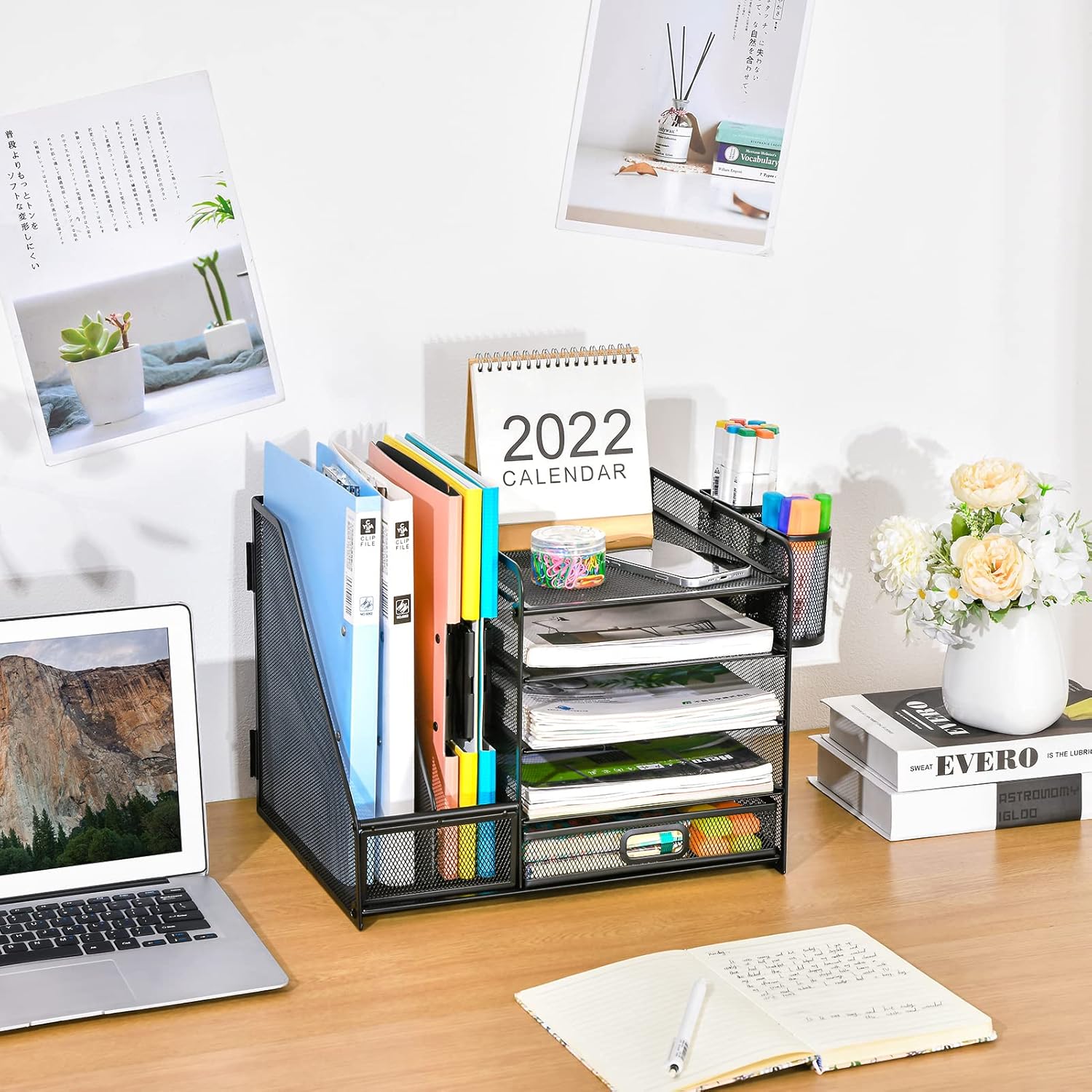 Desk Organizer with File Holder, 5-Tier Paper Letter Tray Organizer with Drawer and 2 Pen Holder, Mesh Desktop
