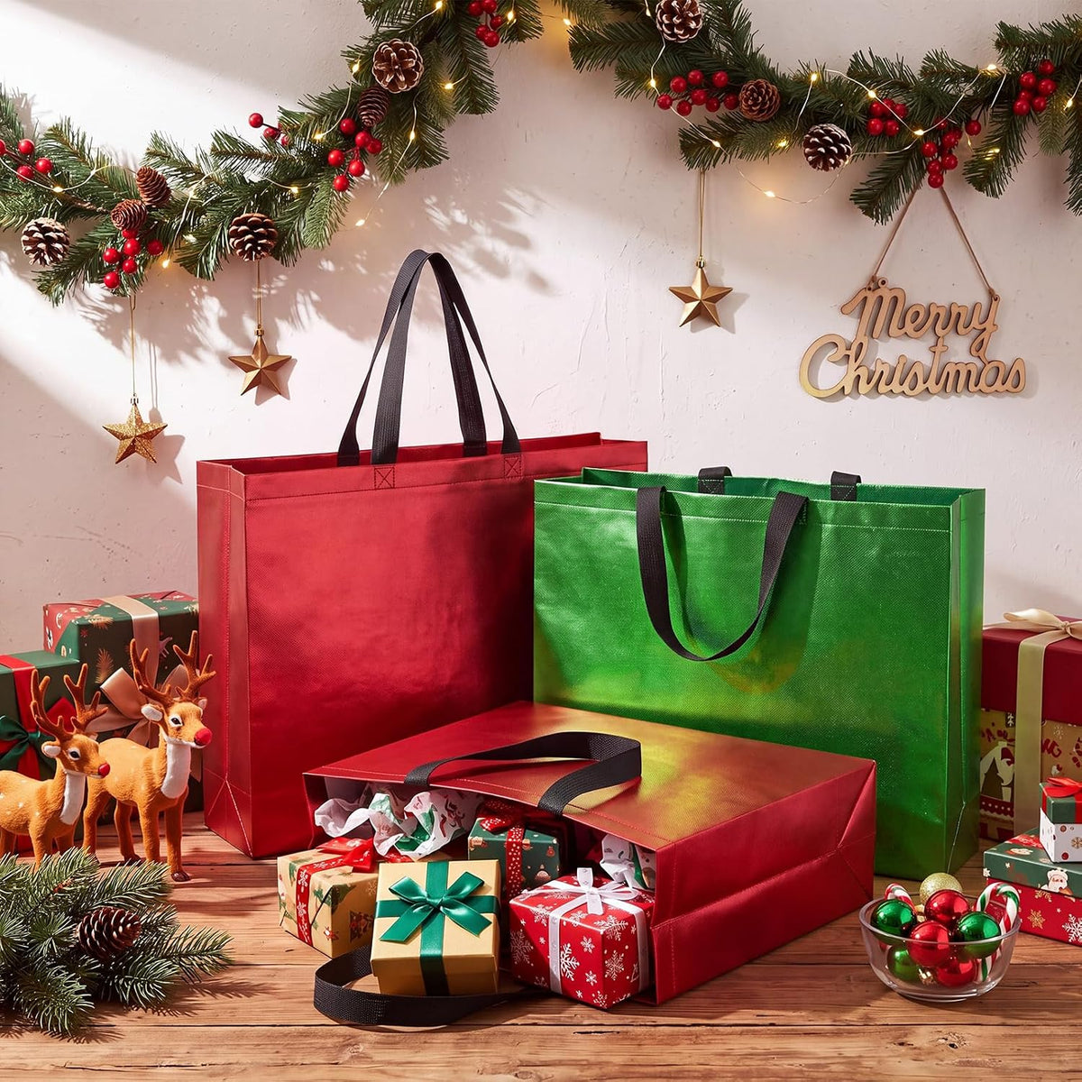 50 Pcs Gift Bags 17.7x13x4.72 Inch, Glossy Red and Green