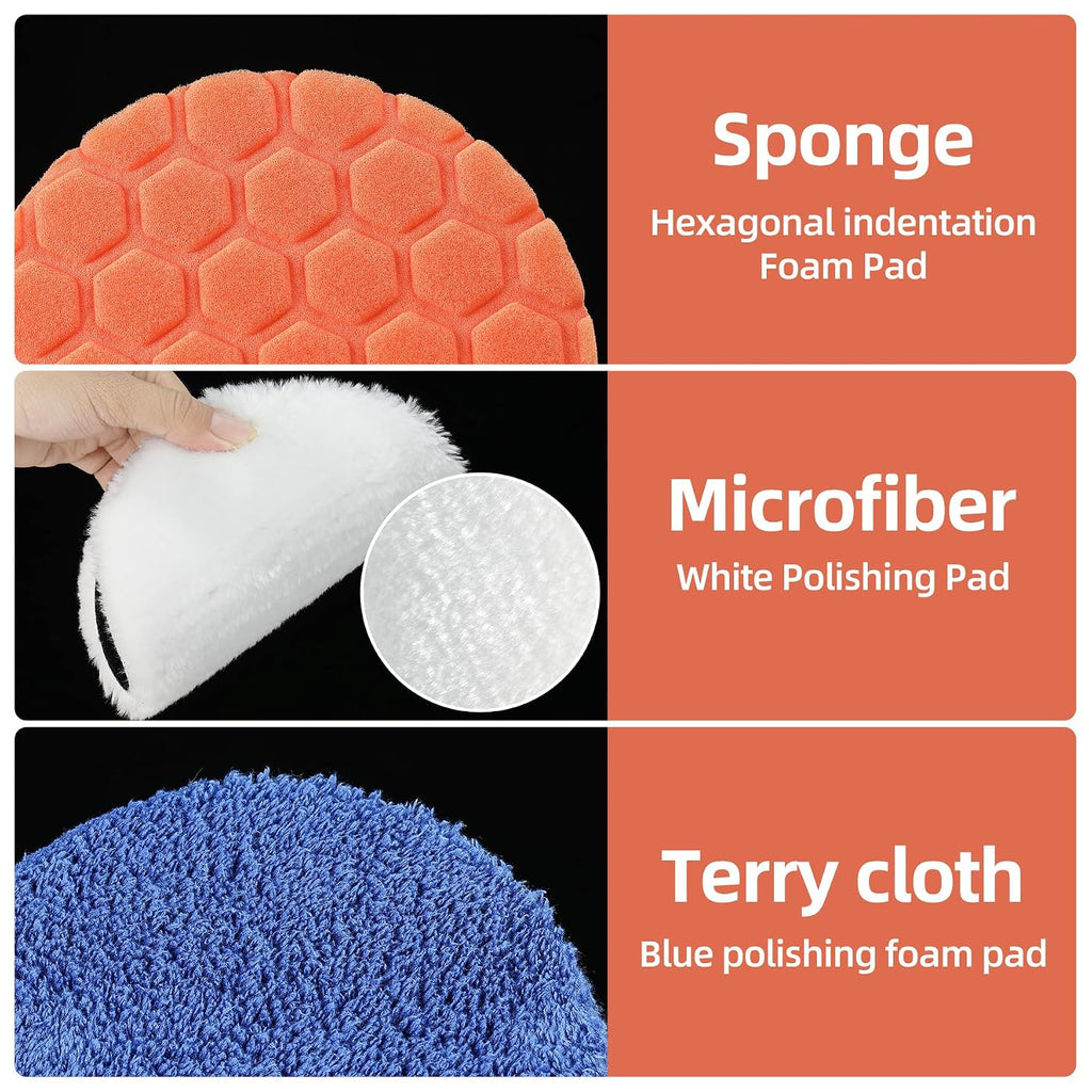 Buffing Polishing Pads 5 Inch - 7Pcs Car Buffer Foam Pad Kit with Hook and Loop, Compound Cutting Sponge and Wool Pad