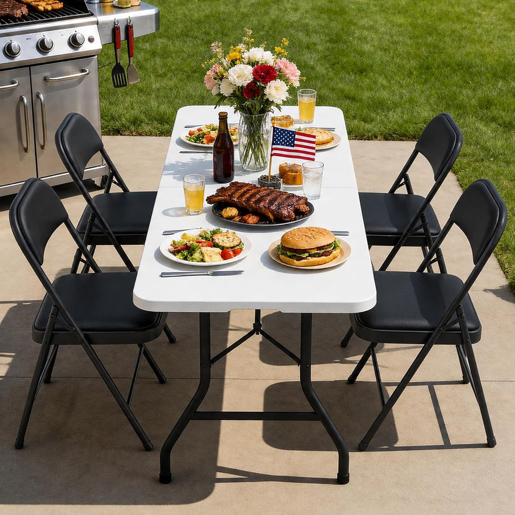 Folding Dining Table Set for 4, 5FT Foldable Plastic Table with Carrying Handle & 4 PU Leather Padded Folding Chairs